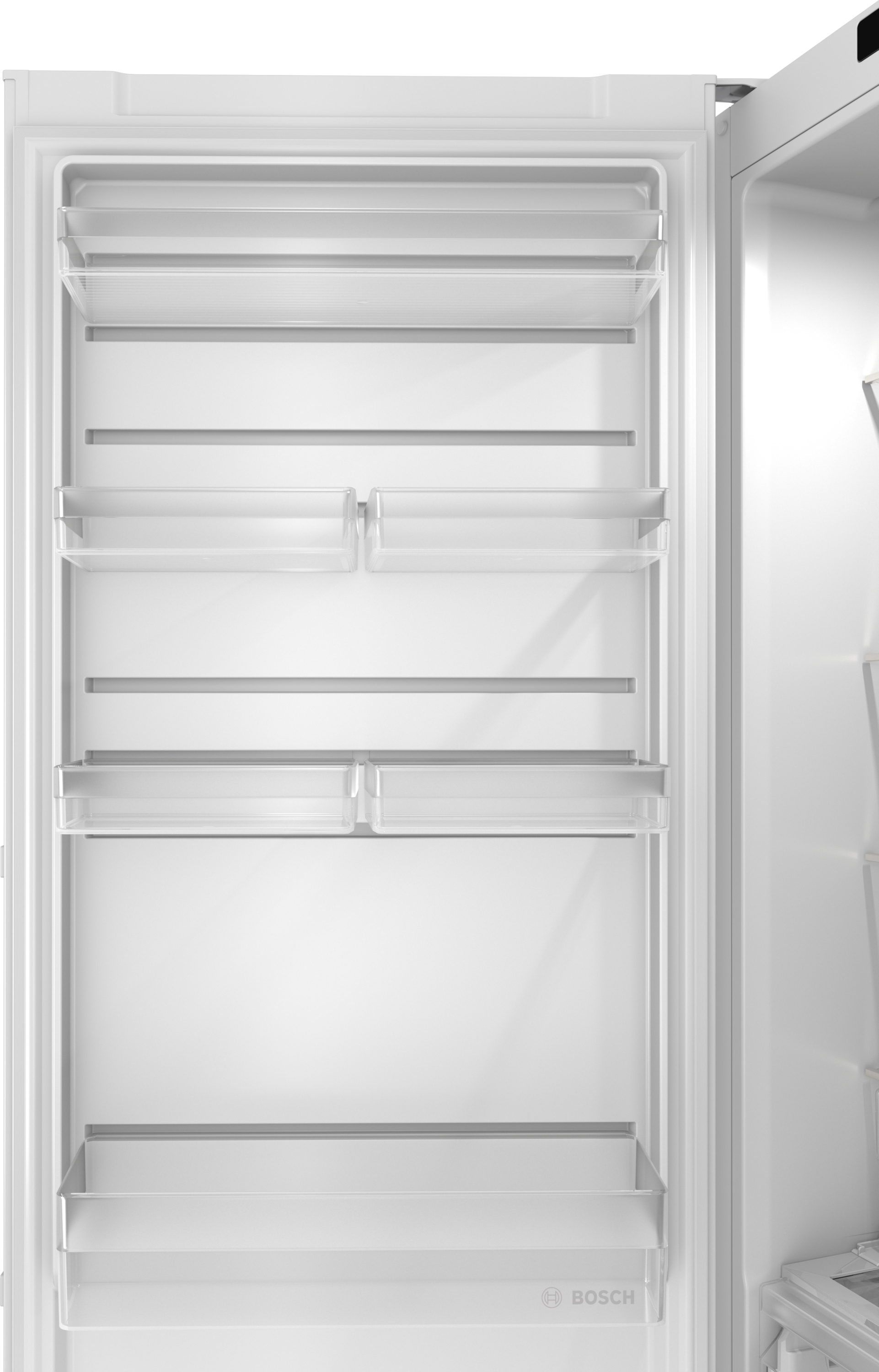 Empty white refrigerator with glass shelves and door compartments.