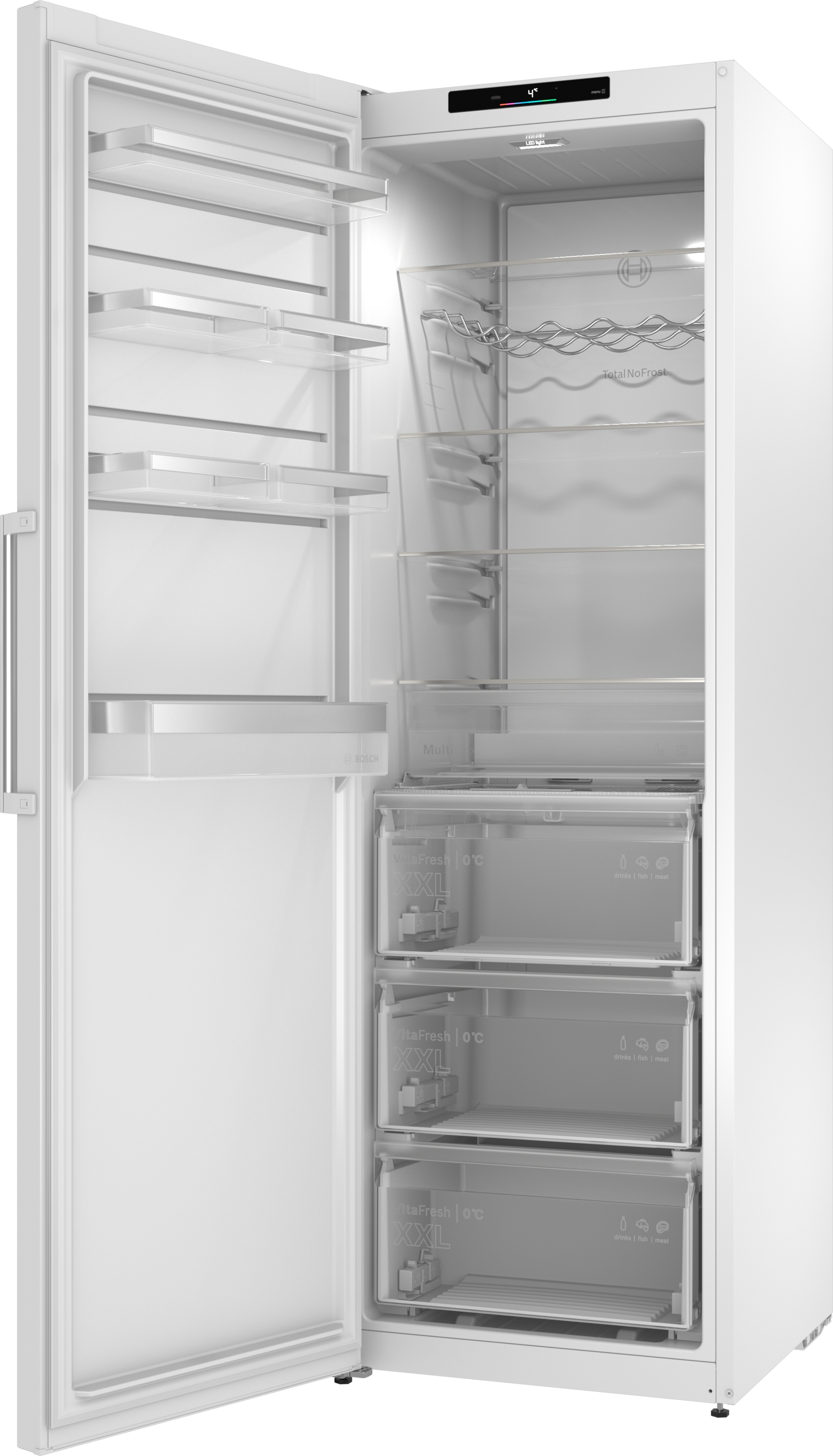 An open white refrigerator with multiple shelves and three drawers.