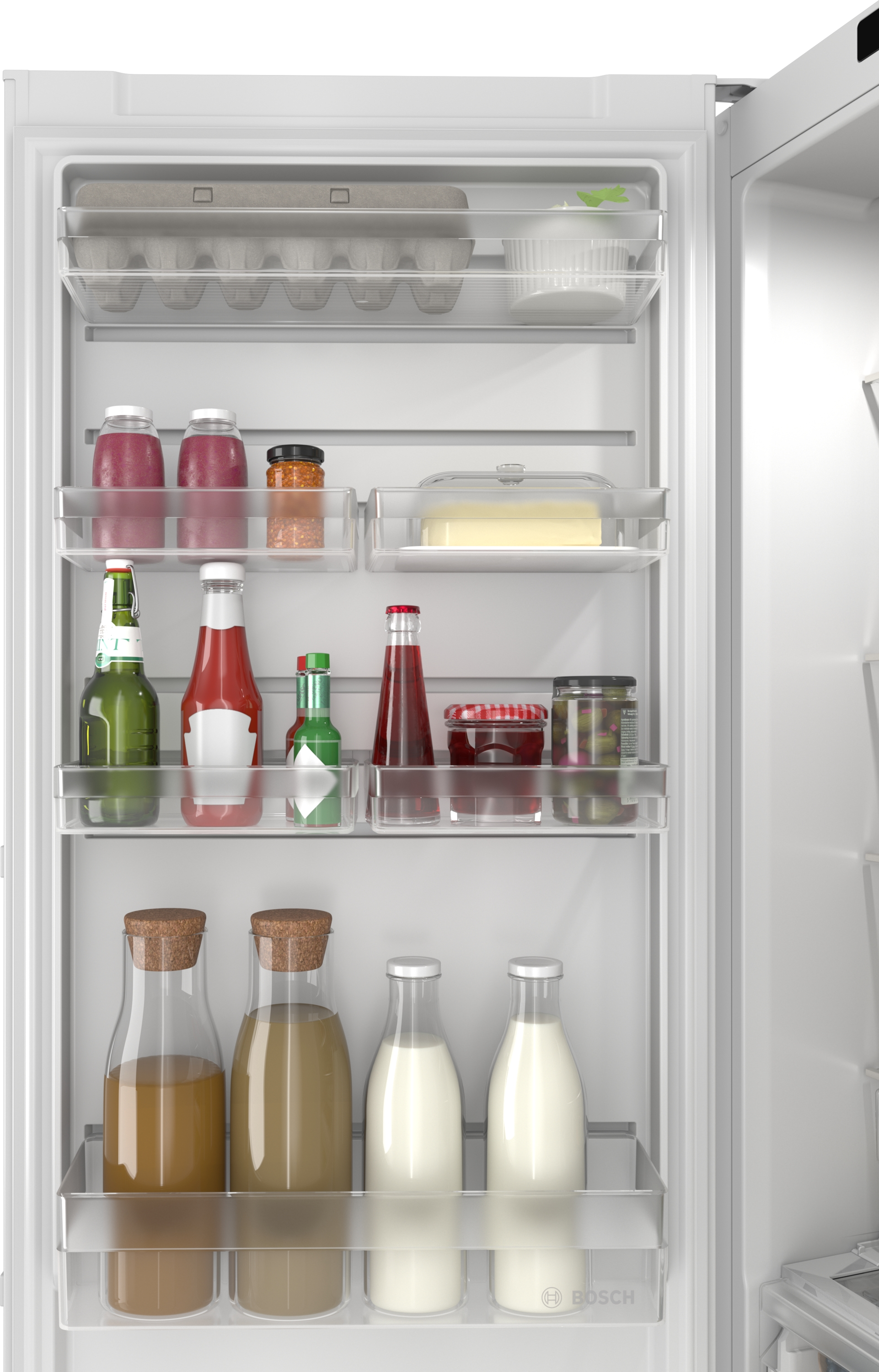 An open refrigerator with multiple shelves, stocked with food and drinks.
