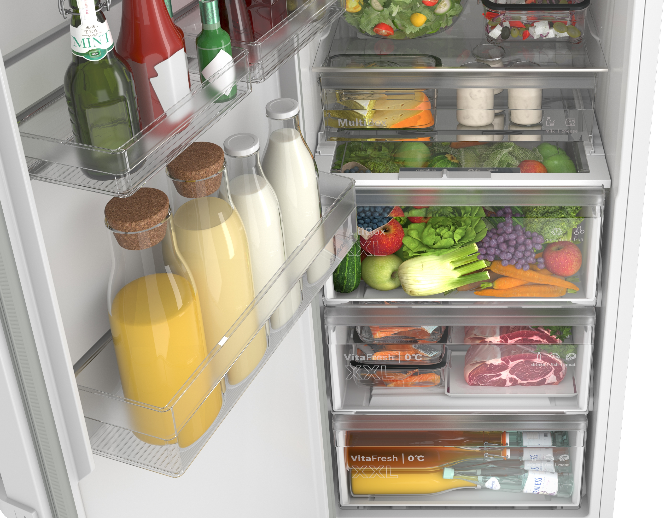 An open refrigerator displaying bottles, food, and drawers filled with fruits and vegetables.