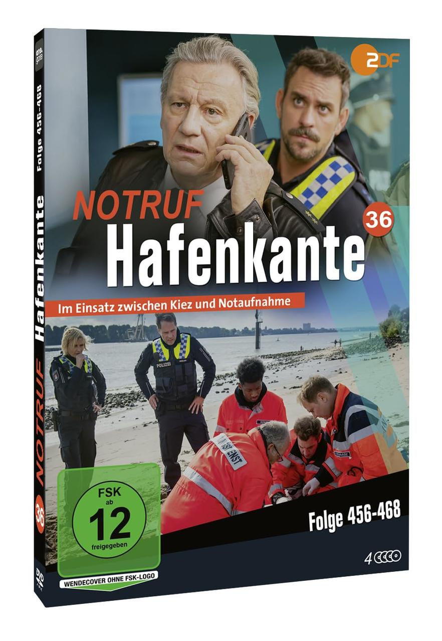 DVD-Cover: Notruf Hafenkante mit Polizisten und Sanitätern am Strand.