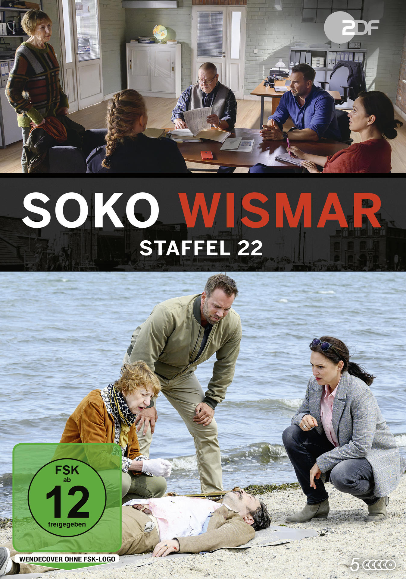 Soko Wismar Staffel 22: Ermittler untersuchen Mann am Wasser, oben im Büro.
