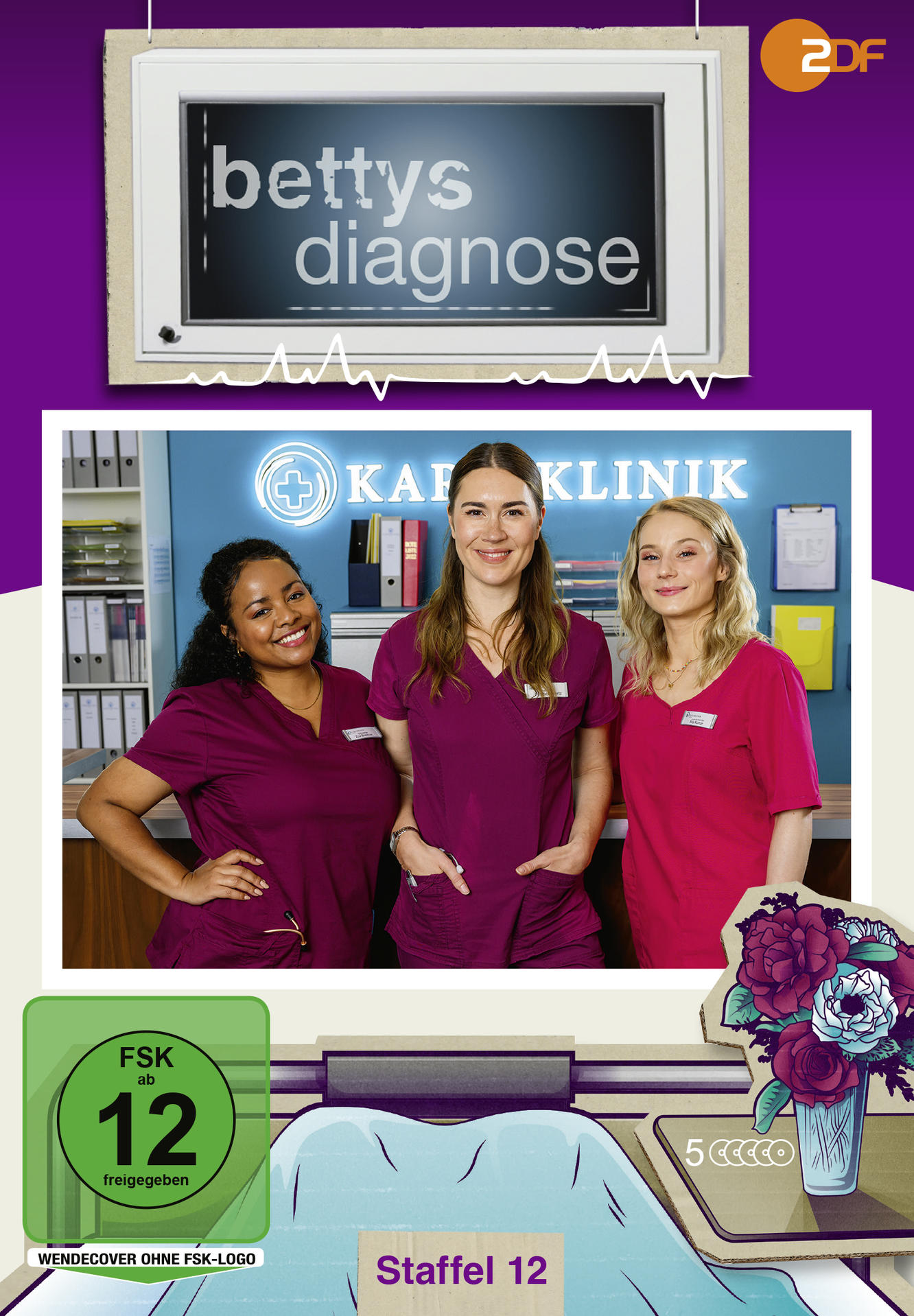 Drei Ärztinnen vor einer Klinikwand, mit dem Titel "bettys diagnose" und FSK 12.