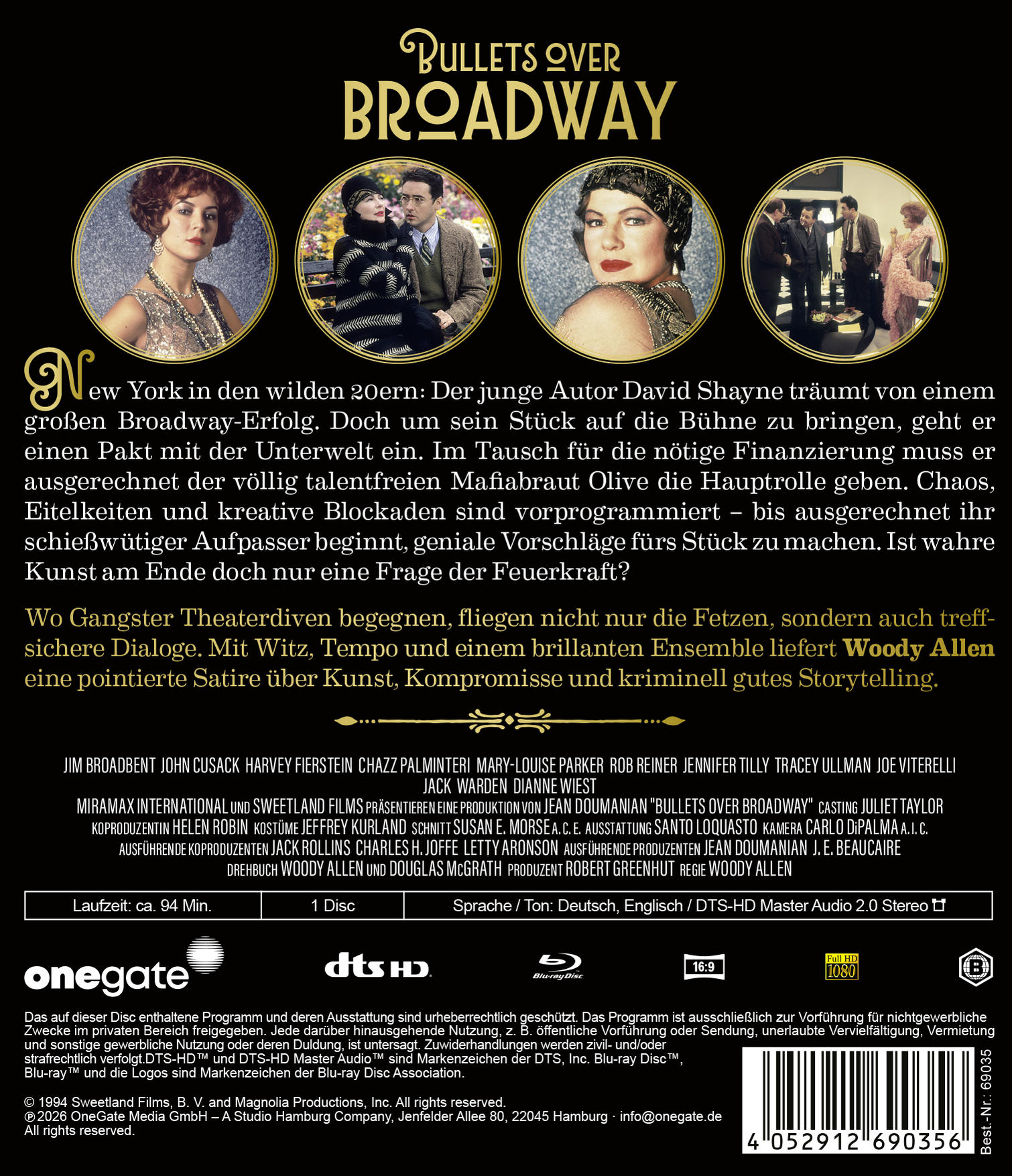Filmplakat "Bullets Over Broadway" mit Szenenbildern und Titelschriftzug.