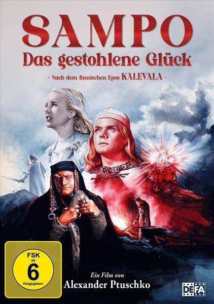 Filmplakat: "Sampo - Das gestohlene Glück". Charaktere und ein Berg im Hintergrund.