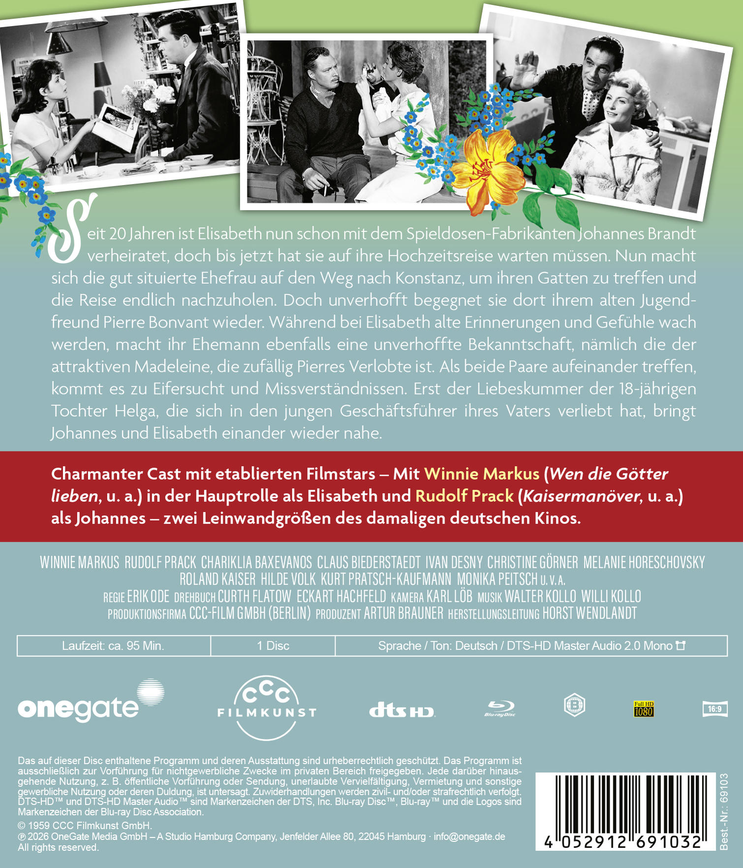 Filmplakat mit vier Schwarz-Weiß-Fotos von Schauspielern, Blumen und Text.