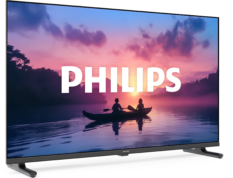 Egy Philips TV naplementekor csónakázókat ábrázol egy nyugodt vízi jelenettel.