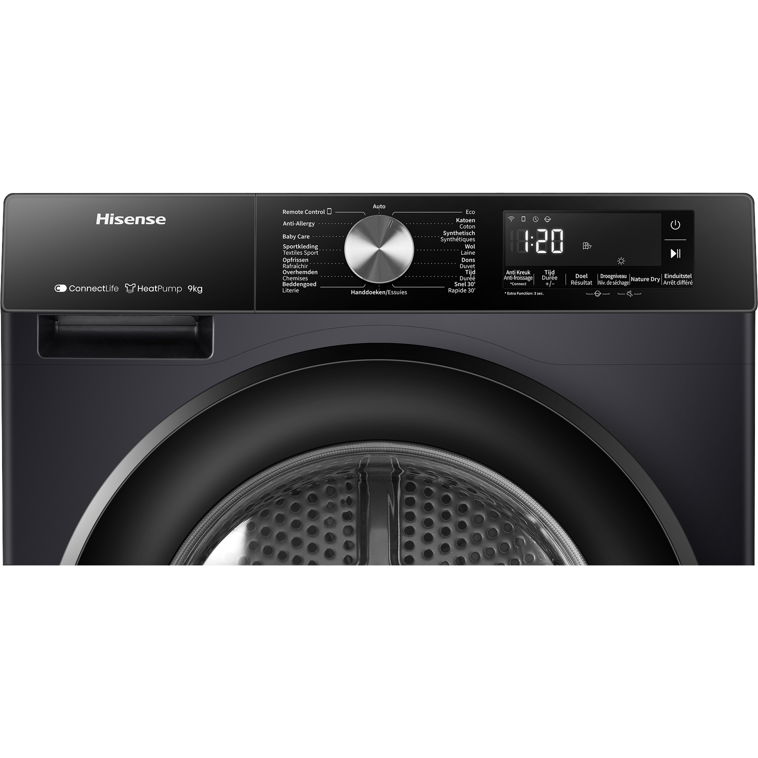 Close-up of a dark washing machine control panel and drum.