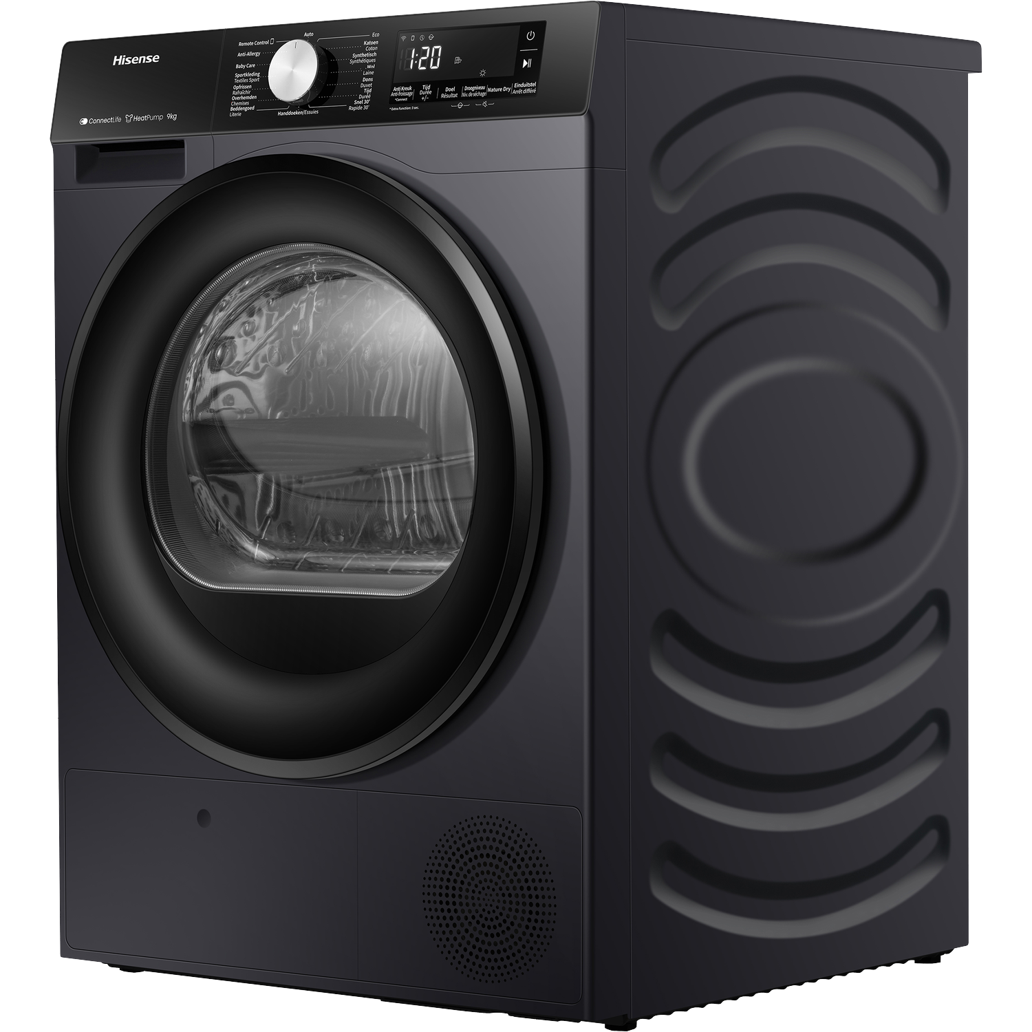 Dark grey Hisense heat pump dryer with a round door and control panel.