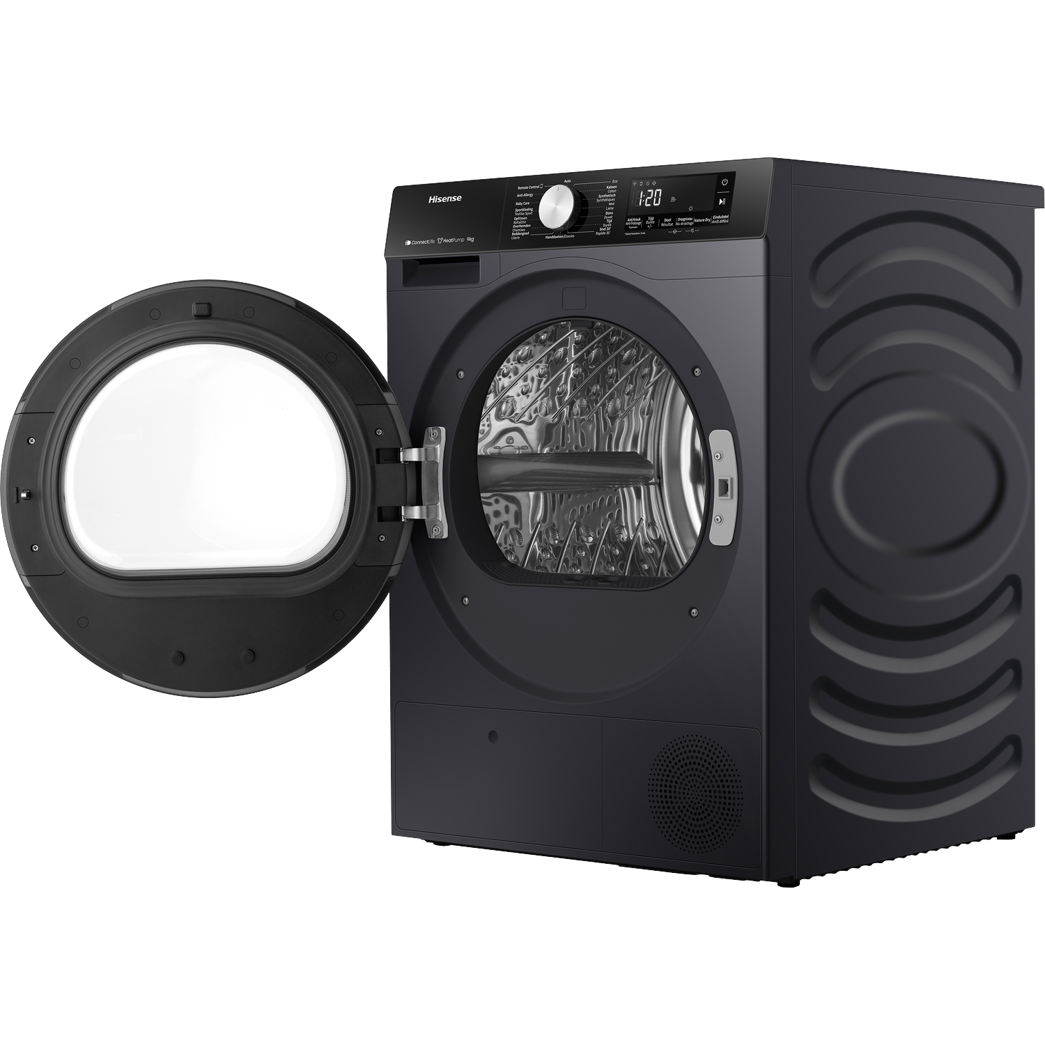 Dark gray Hisense dryer with open door and digital display.