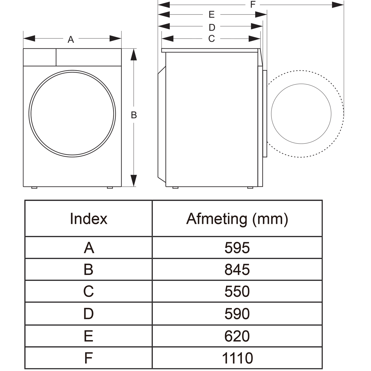 Technical drawing of a washing machine with dimensions A-F and a table.