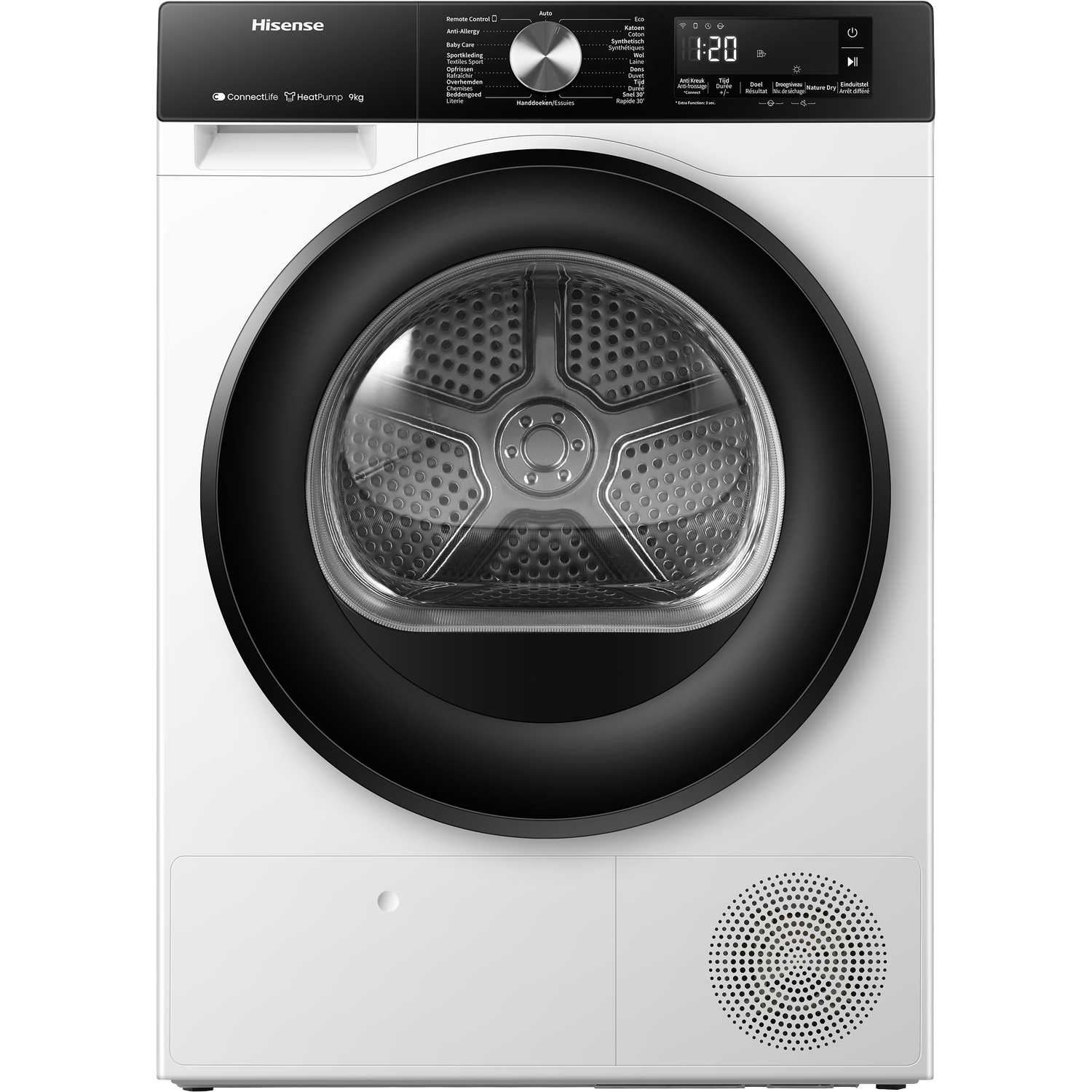 Een witte Hisense warmtepompdroger met zwarte deur en bedieningspaneel.