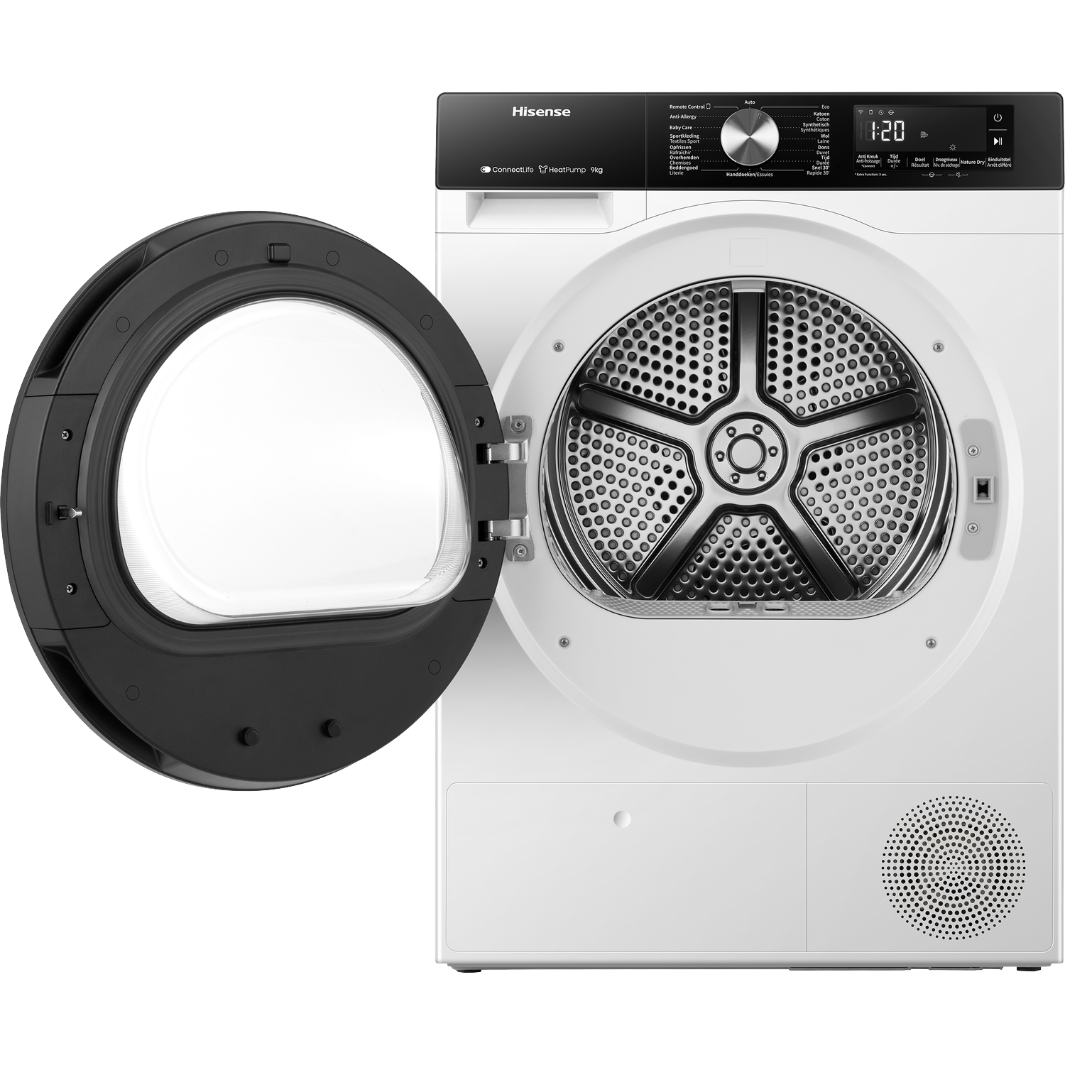 Witte Hisense wasdroger met open deur, trommel en bedieningspaneel.