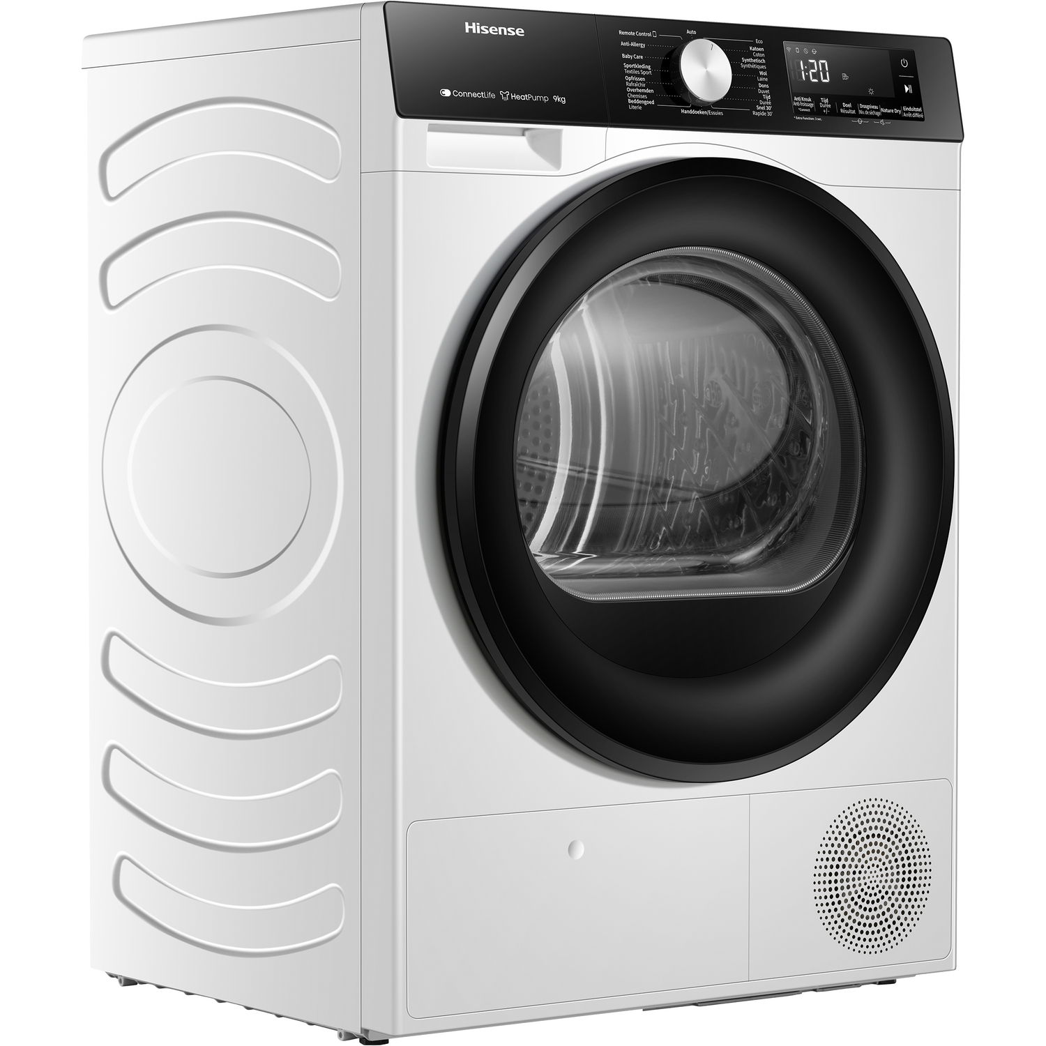 Een witte Hisense warmtepompdroger met zwarte deur en bedieningspaneel.