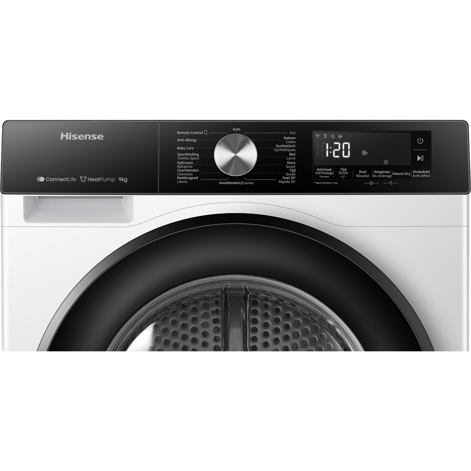 Een Hisense wasmachine met digitaal display en programma-draaiknop.