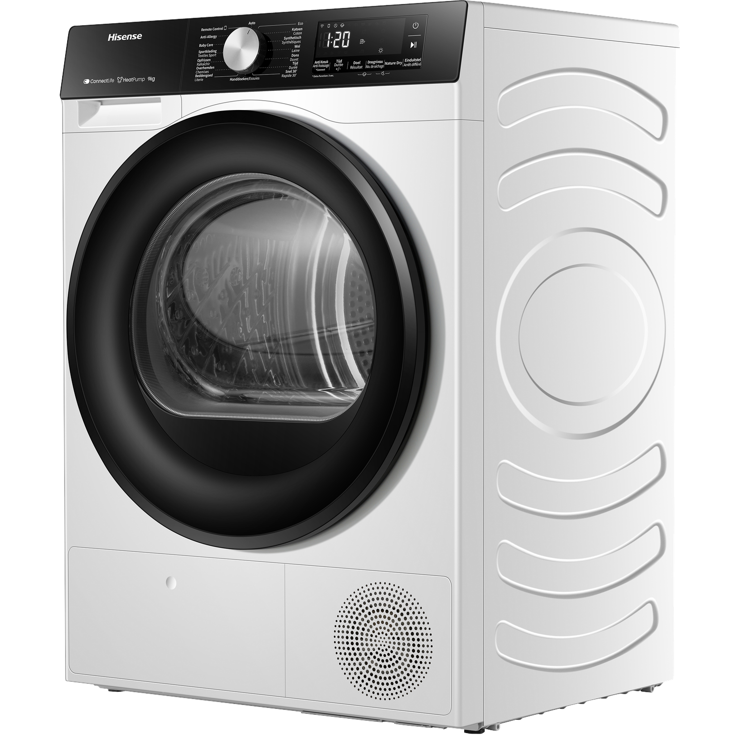 Witte Hisense warmtepompdroger met zwarte deur en digitaal display.