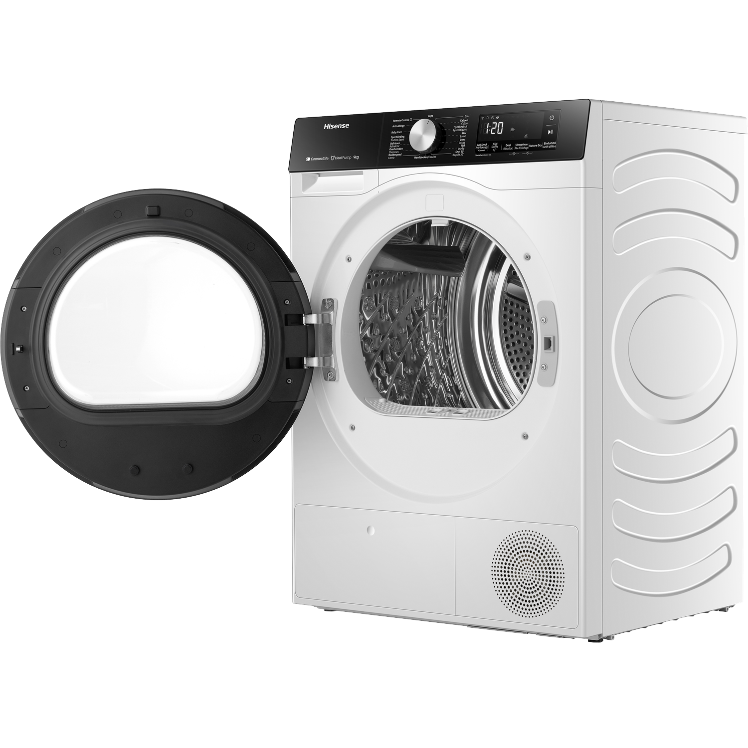 Witte Hisense wasdroger met geopende deur en digitaal display.