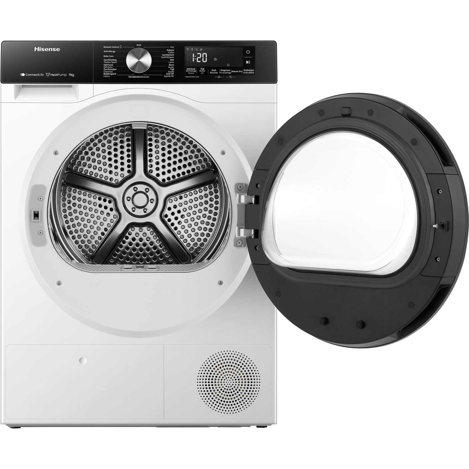 Een witte Hisense droger met de zwarte deur open.