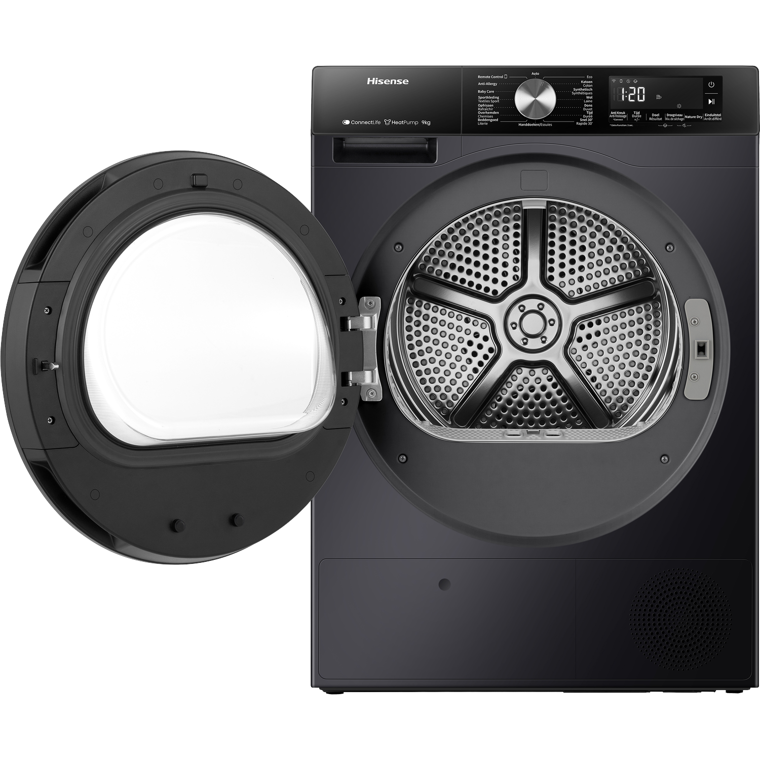 A black Hisense dryer with its door open, revealing the drum. Time: 1:20.