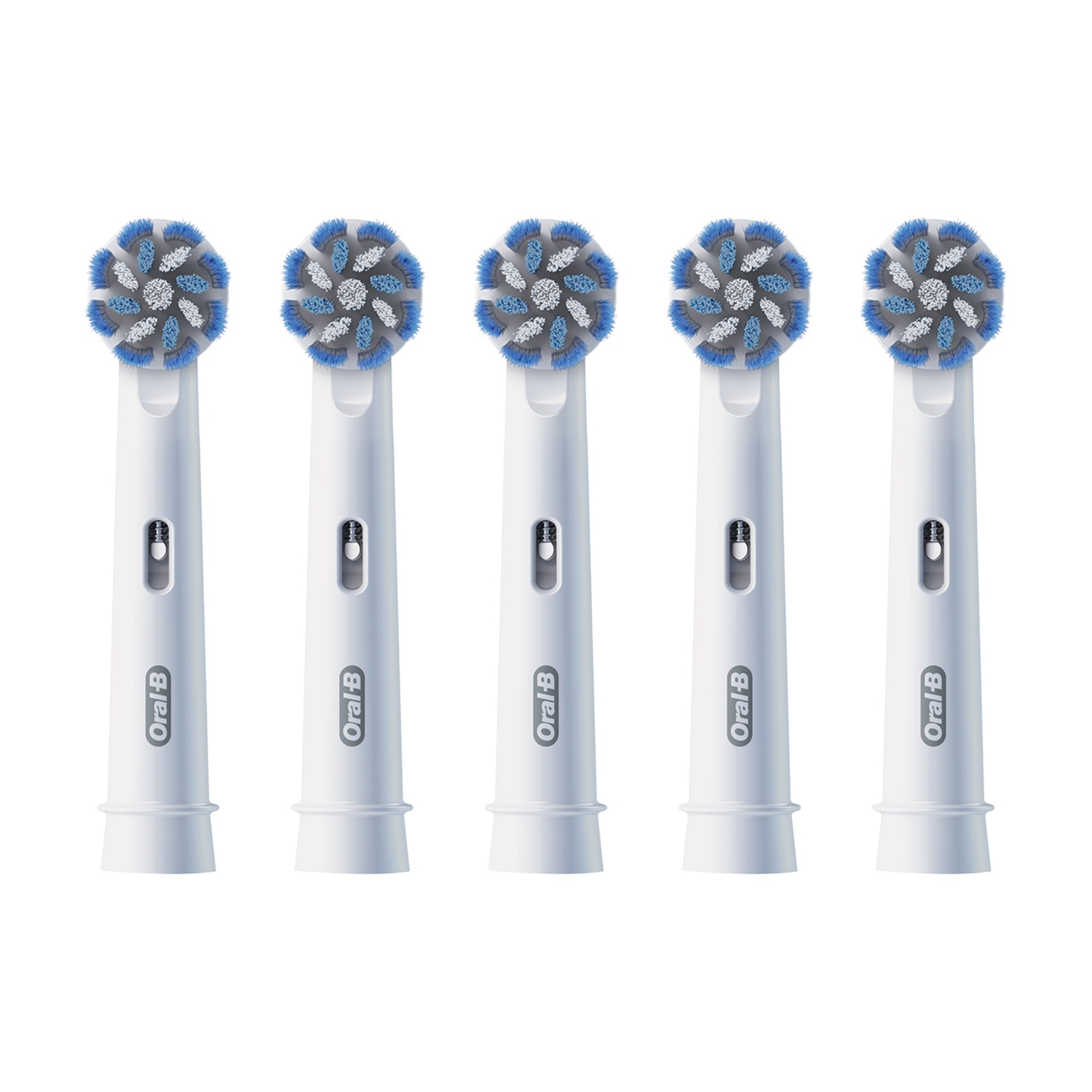 Cinque testine Oral-B bianche con setole blu e grigie una accanto all'altra.