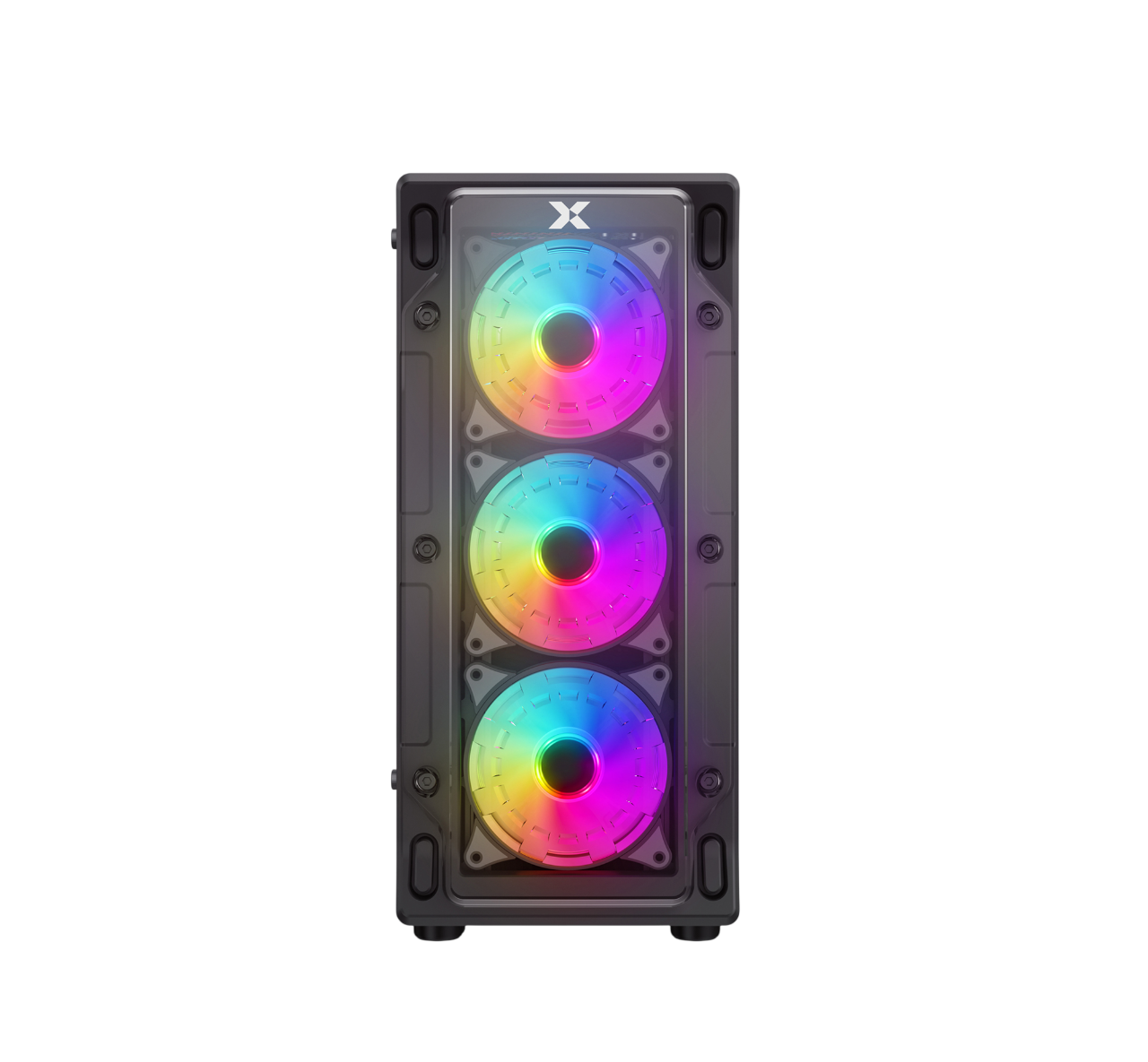 Ön tarafında üç RGB fanlı siyah bir PC kasası.
