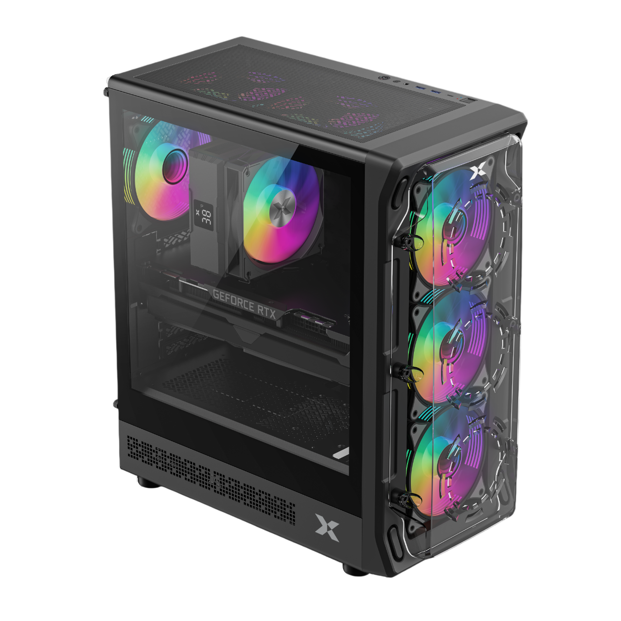 RGB fanlı, cam önlü, ekranlı CPU soğutuculu siyah PC kasası.