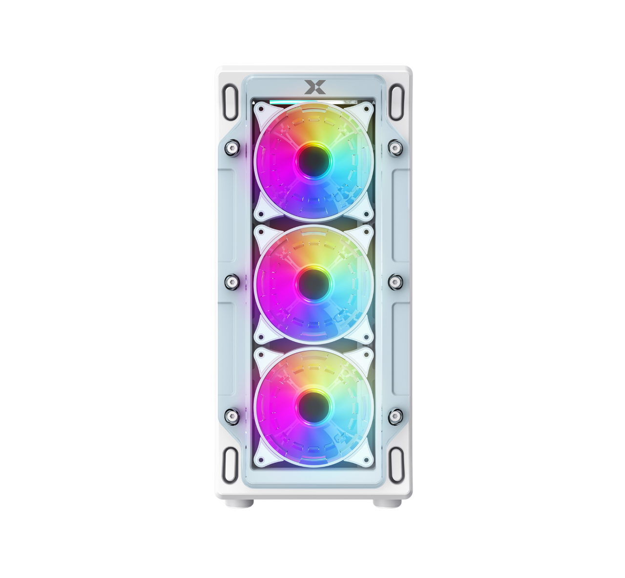 Önden görünen üç RGB fanlı beyaz bilgisayar kasası.