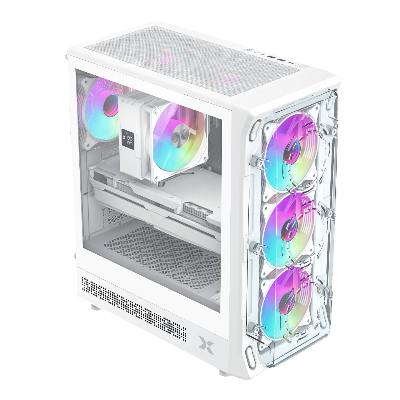 RGB fanlı ve CPU soğutucusunda dijital ekranlı beyaz bir PC kasası.