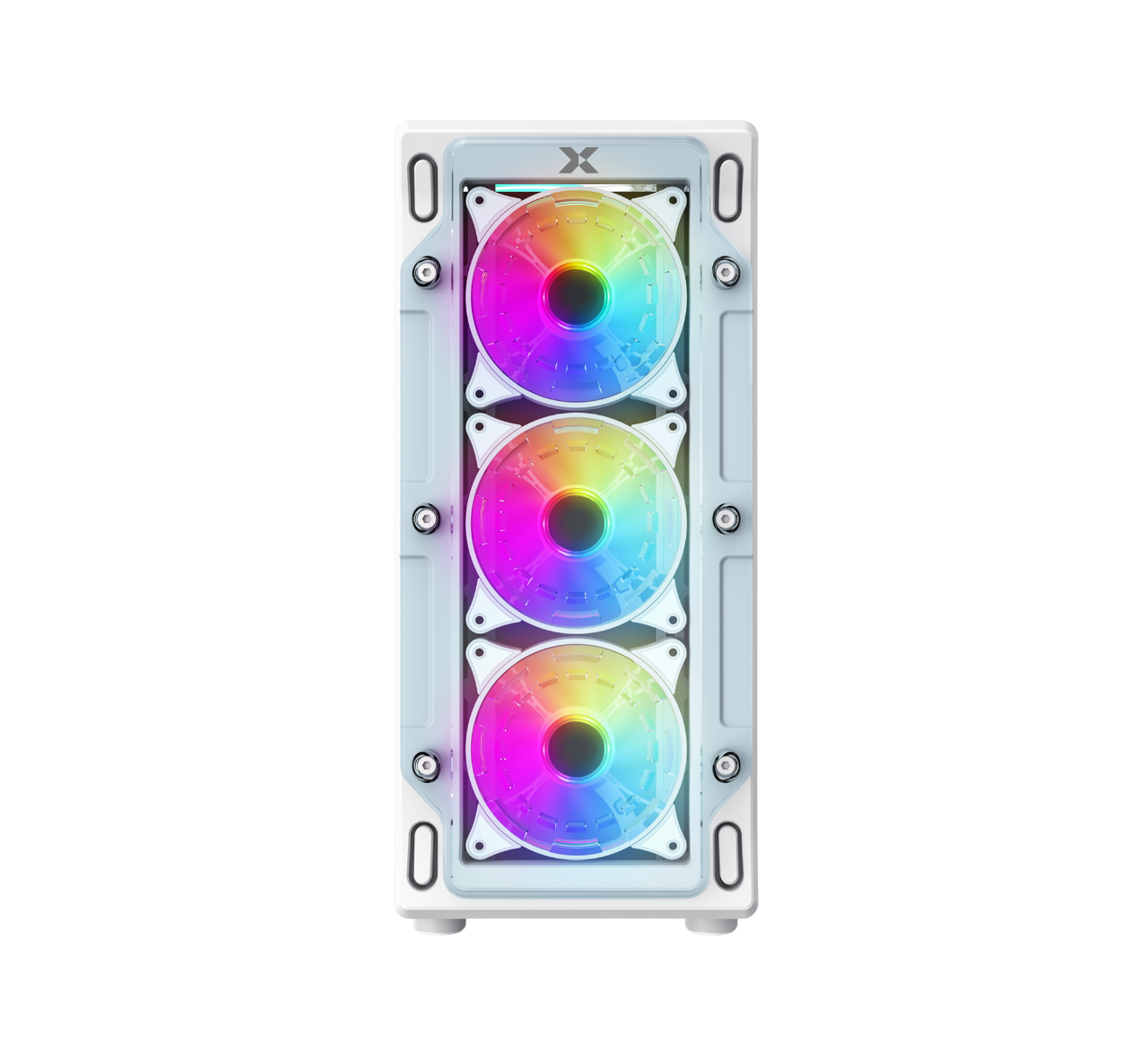 Gökkuşağı renkleri gösteren üç RGB fanlı beyaz bilgisayar kasası.