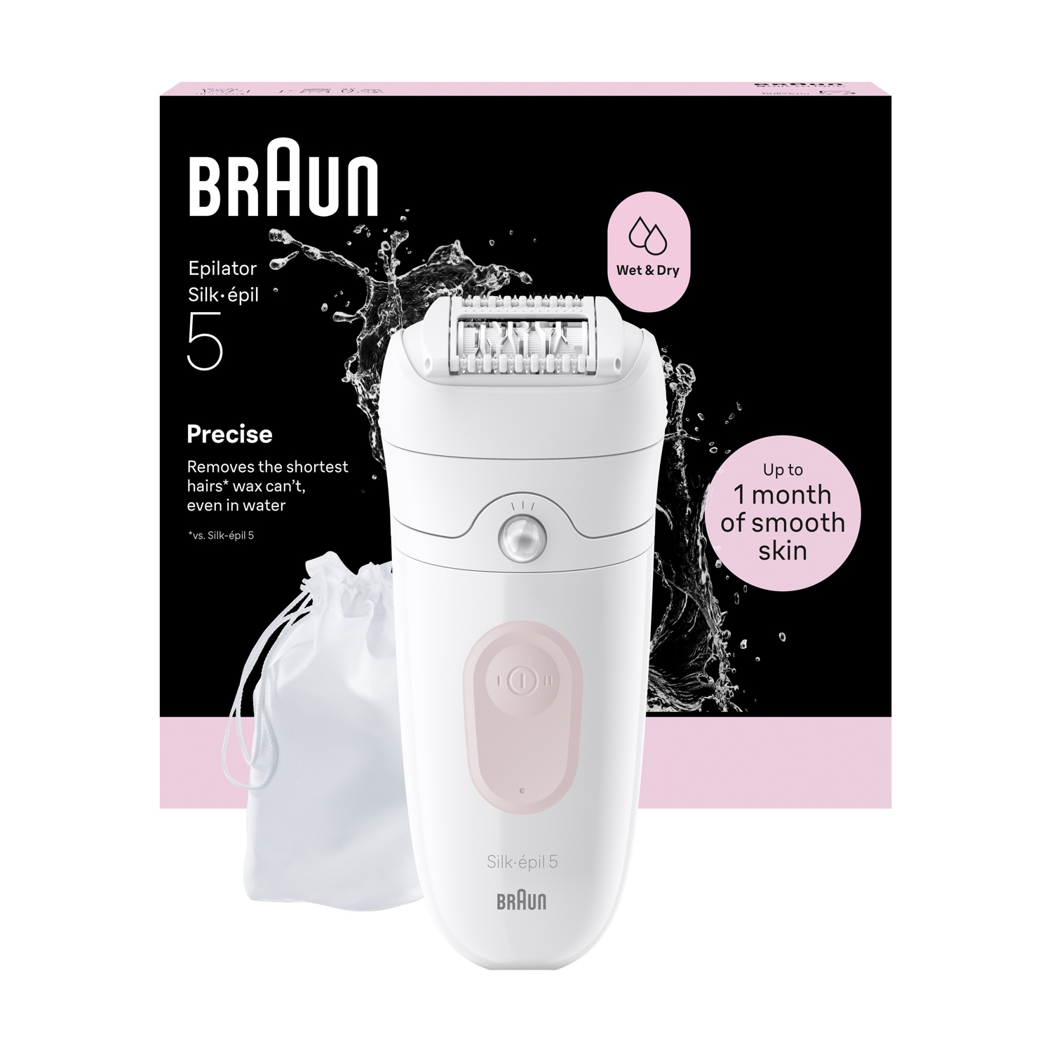 Epilatore Braun Silk-épil 5 bianco con accessori, mostra acqua e info cura della pelle.