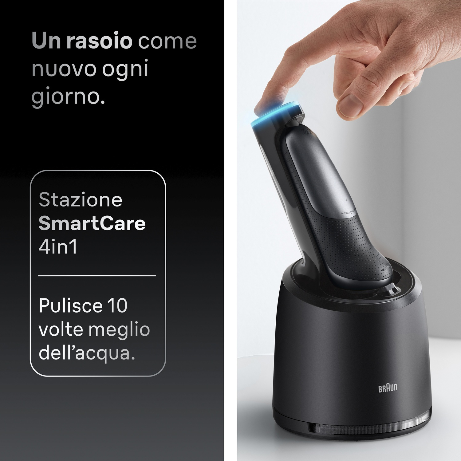 Un uomo tocca un pulsante blu su un rasoio Braun nero nella sua stazione di ricarica.