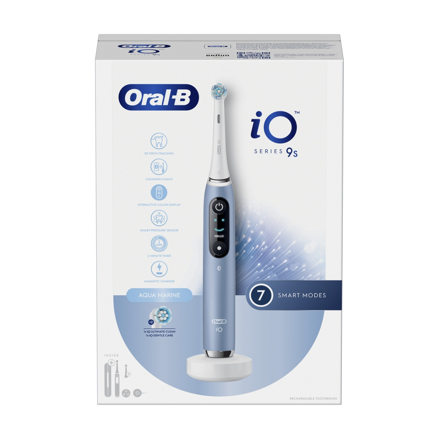 Confezione blu spazzolino Oral-B iO Series 9S con spazzolino e accessori.