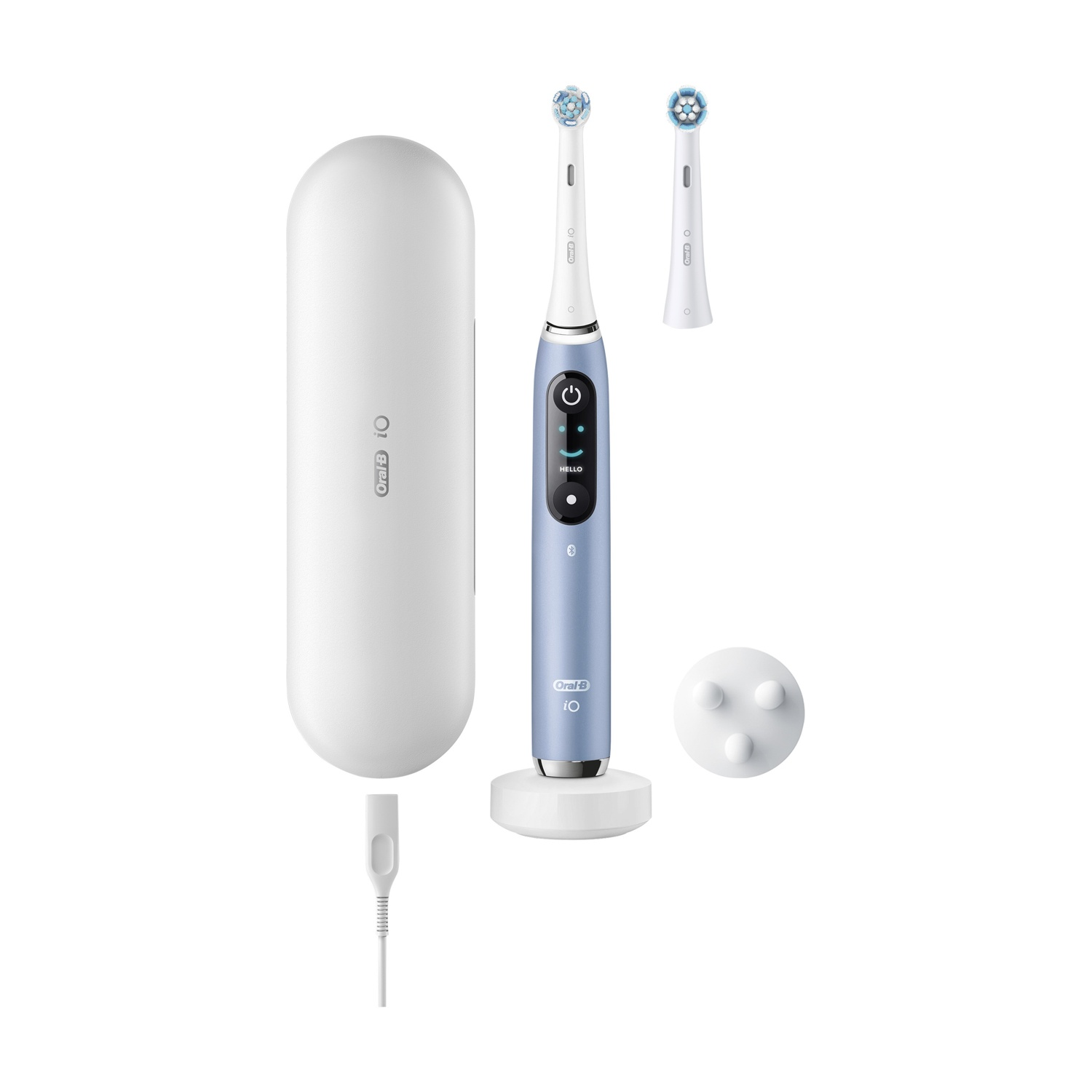 Un set di spazzolino elettrico Oral-B iO blu con base di ricarica e custodia da viaggio.