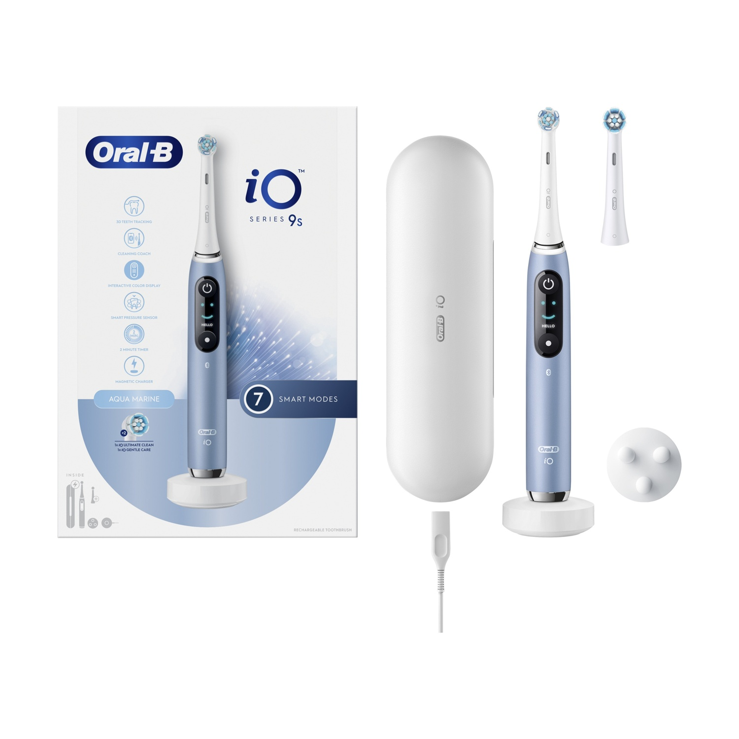 Spazzolino elettrico Oral-B iO Series 9S, base di ricarica, custodia da viaggio e due testine.