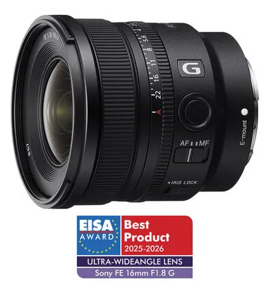 Obiektyw ultraszerokokątny Sony FE 16mm F1.8 G z mocowaniem E i nagrodą EISA Best Product.