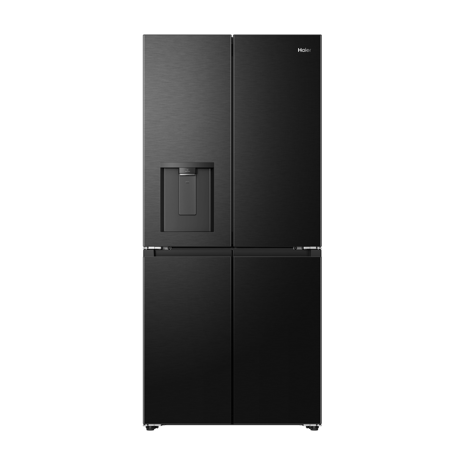 Un frigorifero nero a quattro porte con dispenser d'acqua.