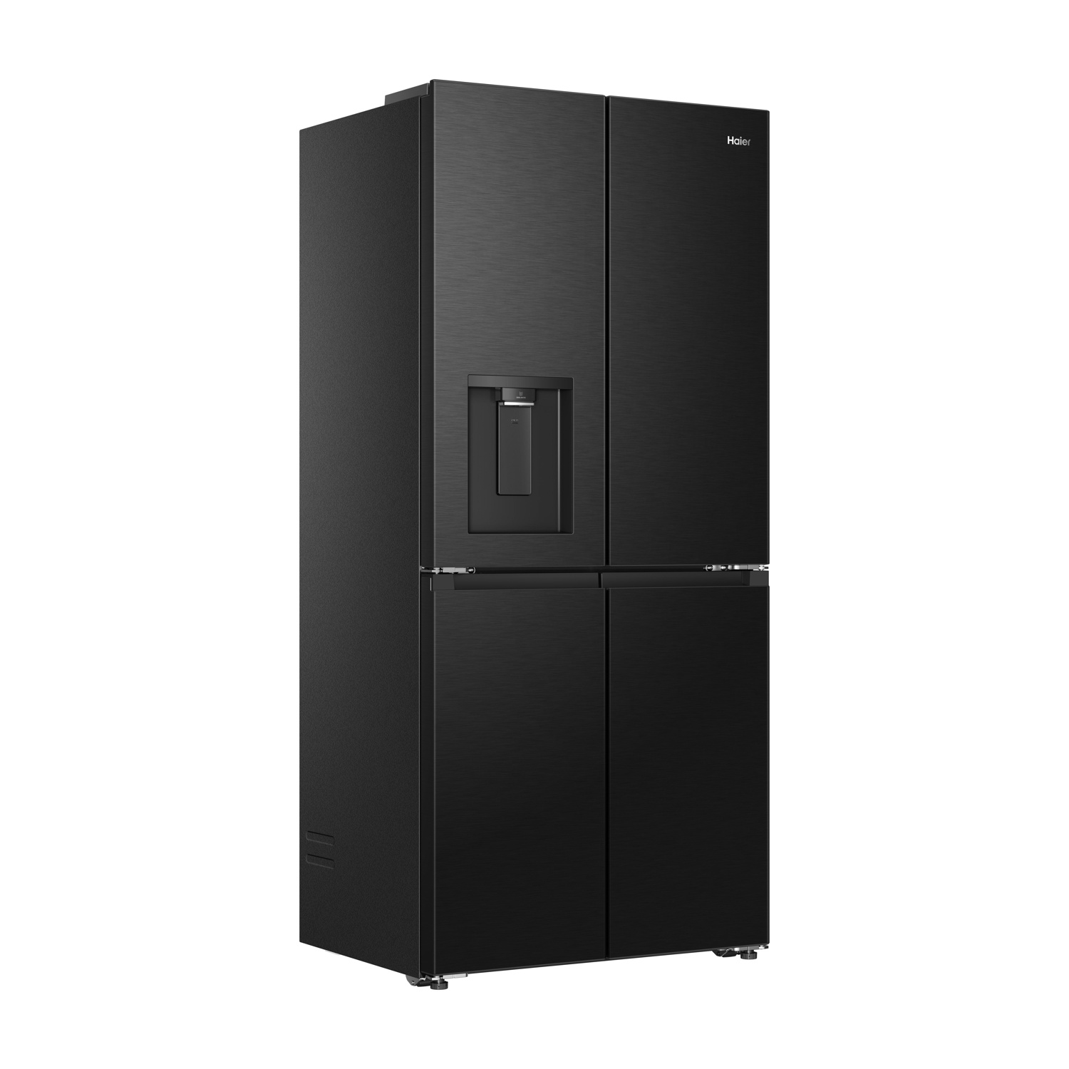 Un frigorifero nero Haier a quattro porte con dispenser d'acqua.