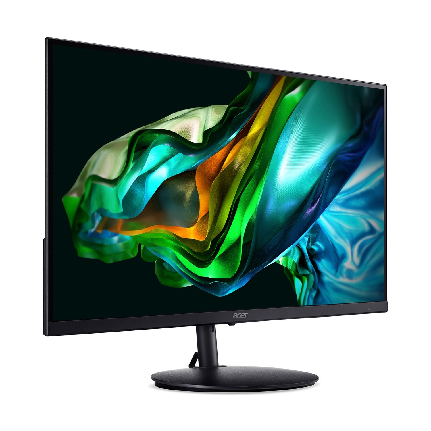 Un monitor Acer nero visualizza un'immagine di sfondo astratta e colorata.