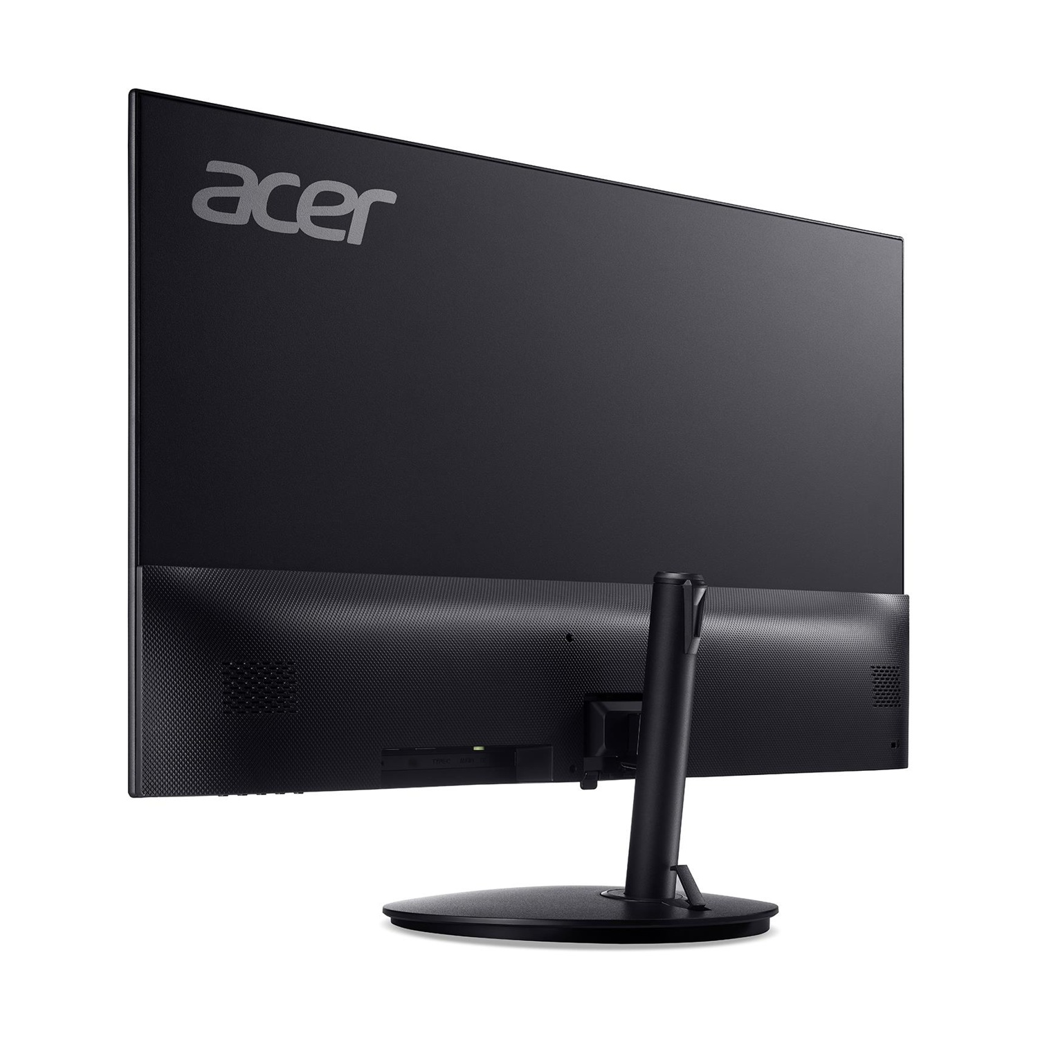 Vista posteriore di un monitor Acer nero su sfondo bianco, con porte e supporto.