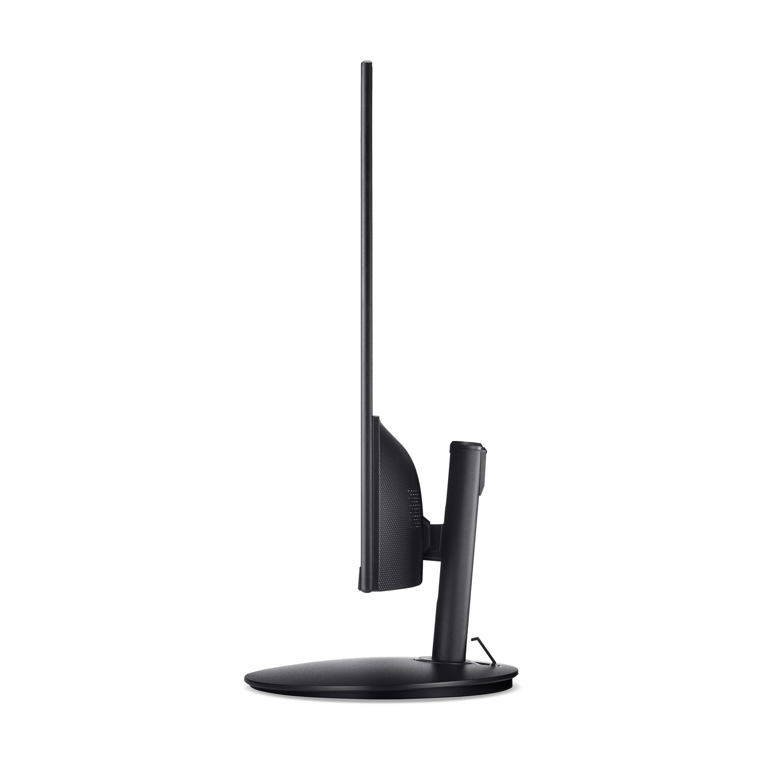 Monitor del computer nero di lato con supporto su sfondo bianco.