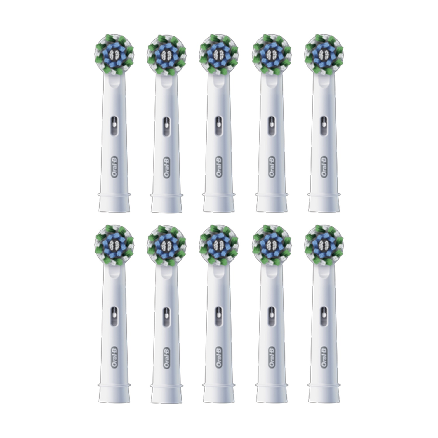 Dieci testine Oral-B bianche con setole blu, verdi e bianche.
