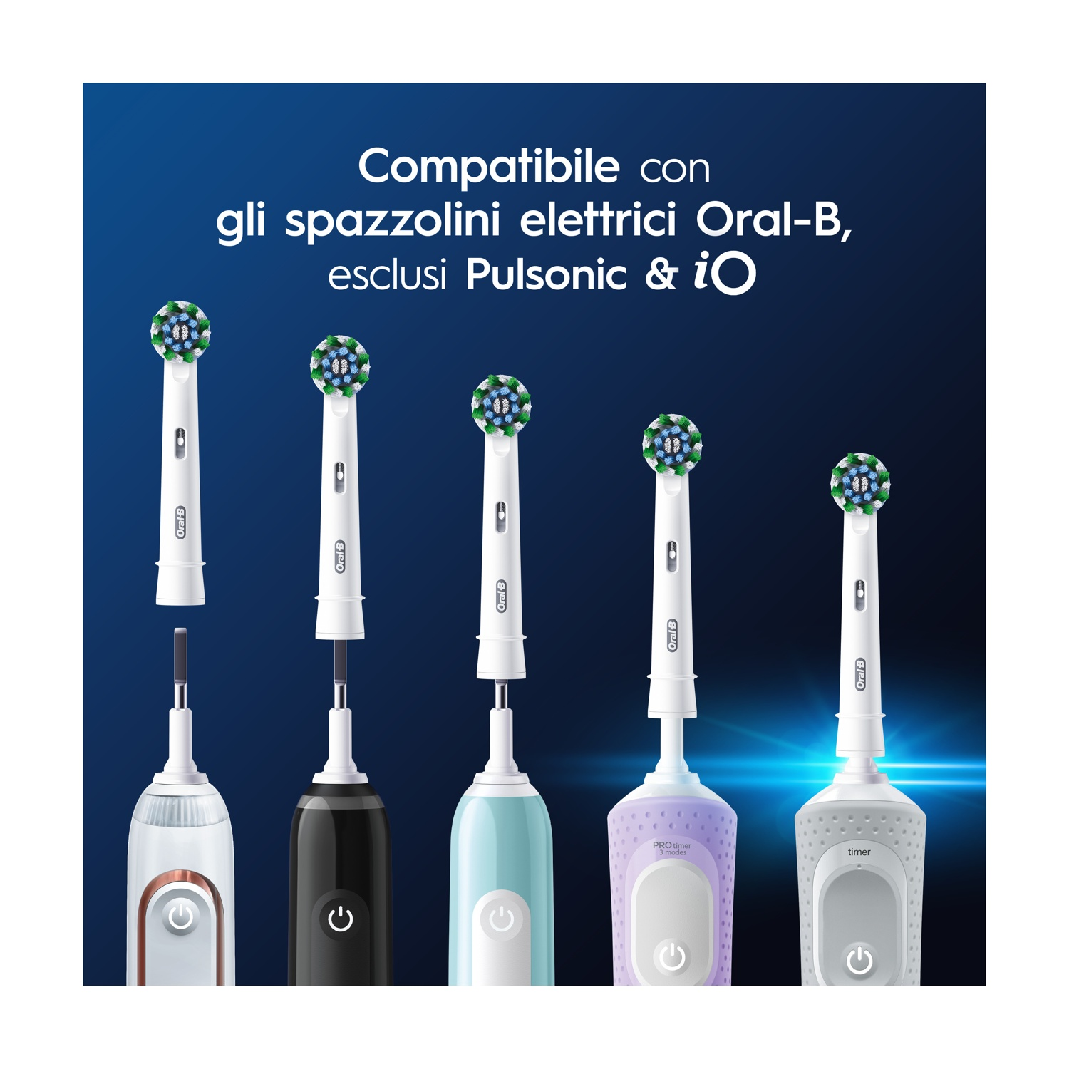 Cinque testine Oral-B e quattro spazzolini elettrici in vari colori.