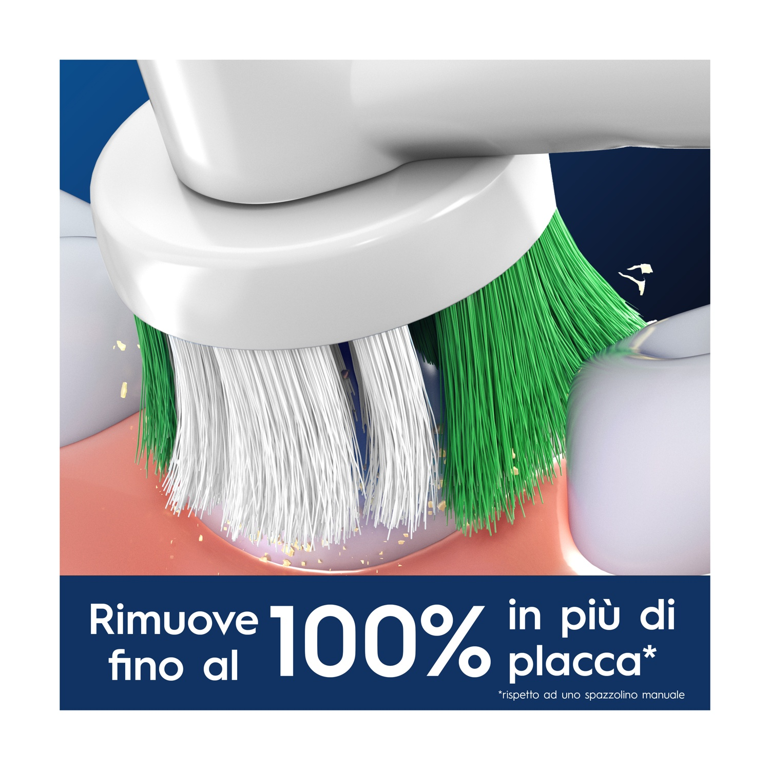 Spazzolino elettrico con setole bianche e verdi che pulisce denti e gengive.