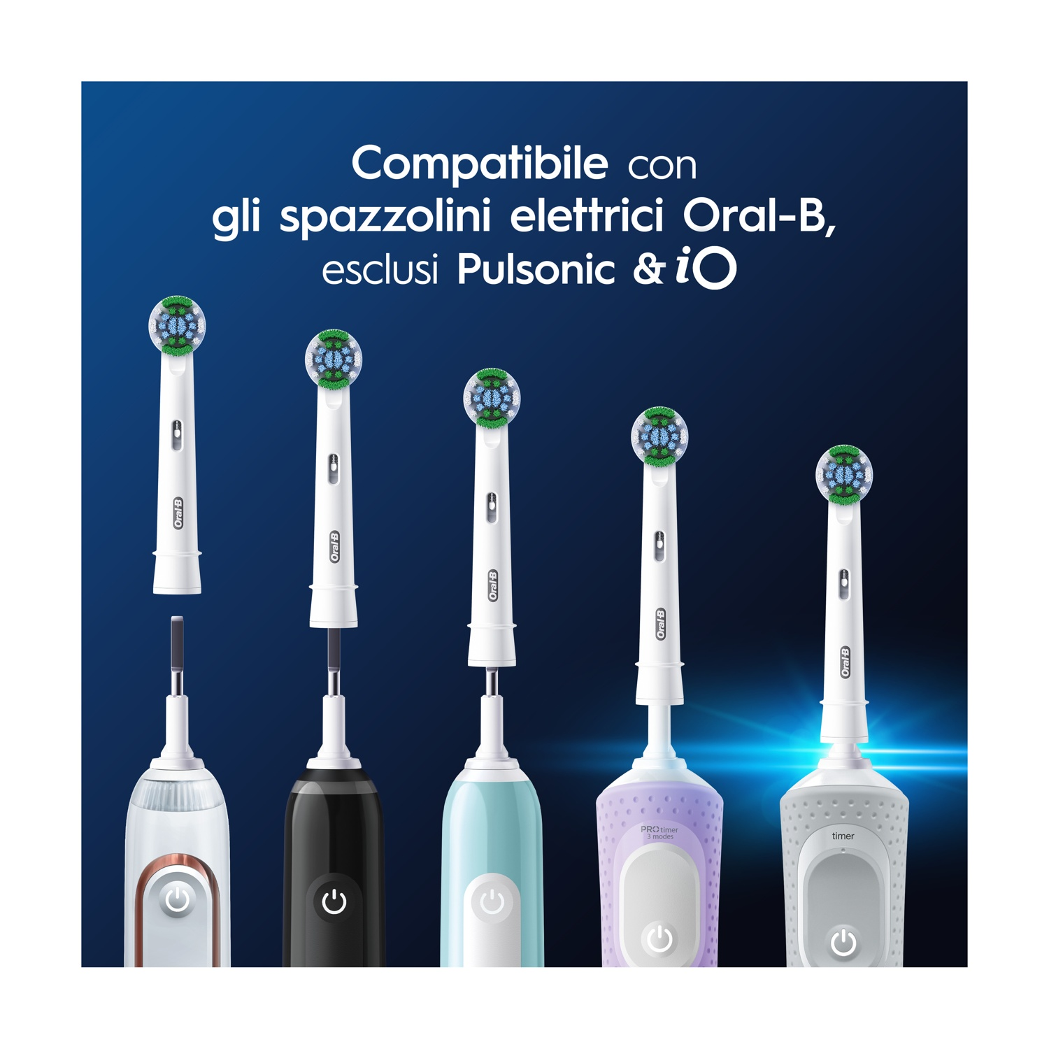 Cinque testine Oral-B sopra cinque spazzolini elettrici di vari colori.