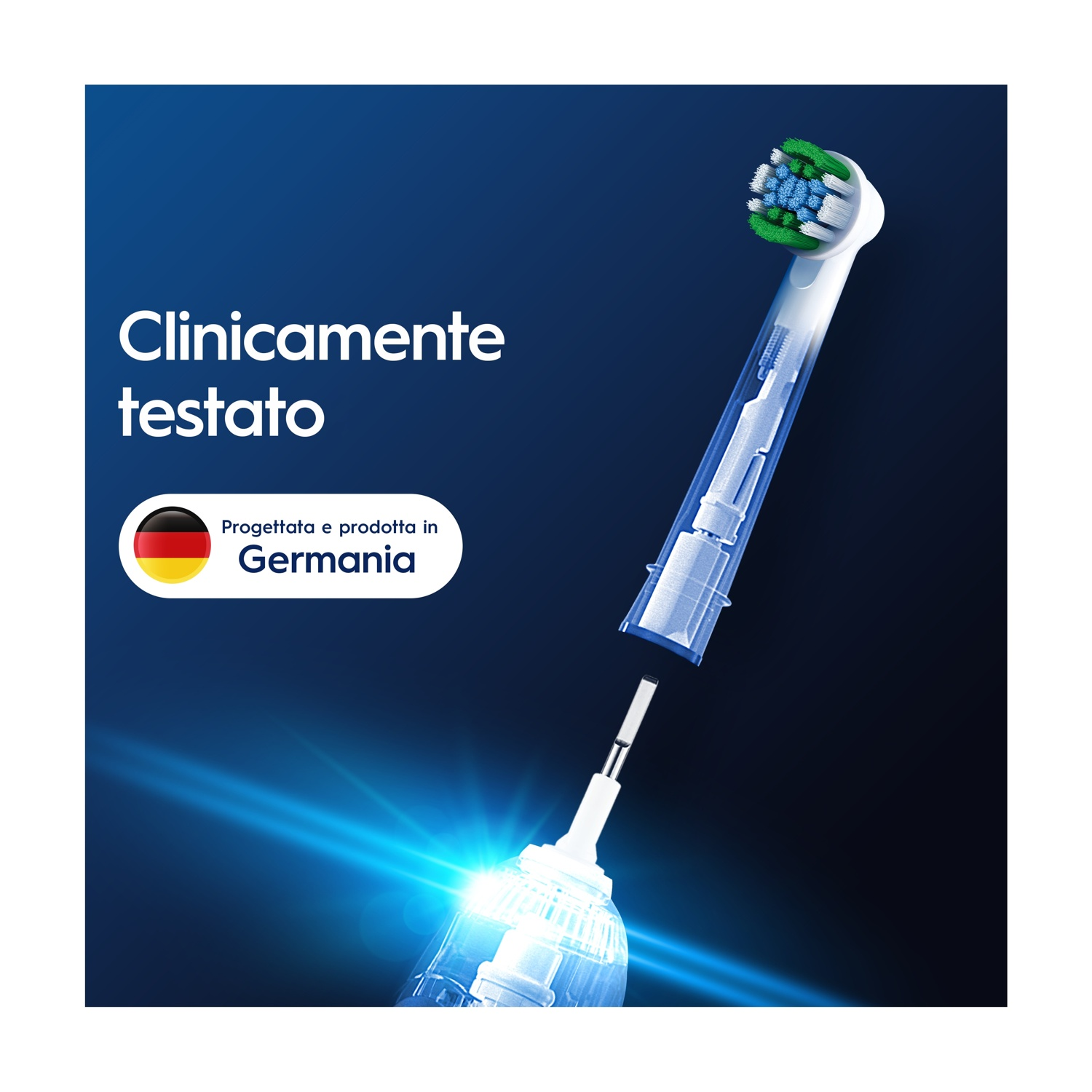 Spazzolino elettrico con testina blu e verde, progettato e prodotto in Germania.