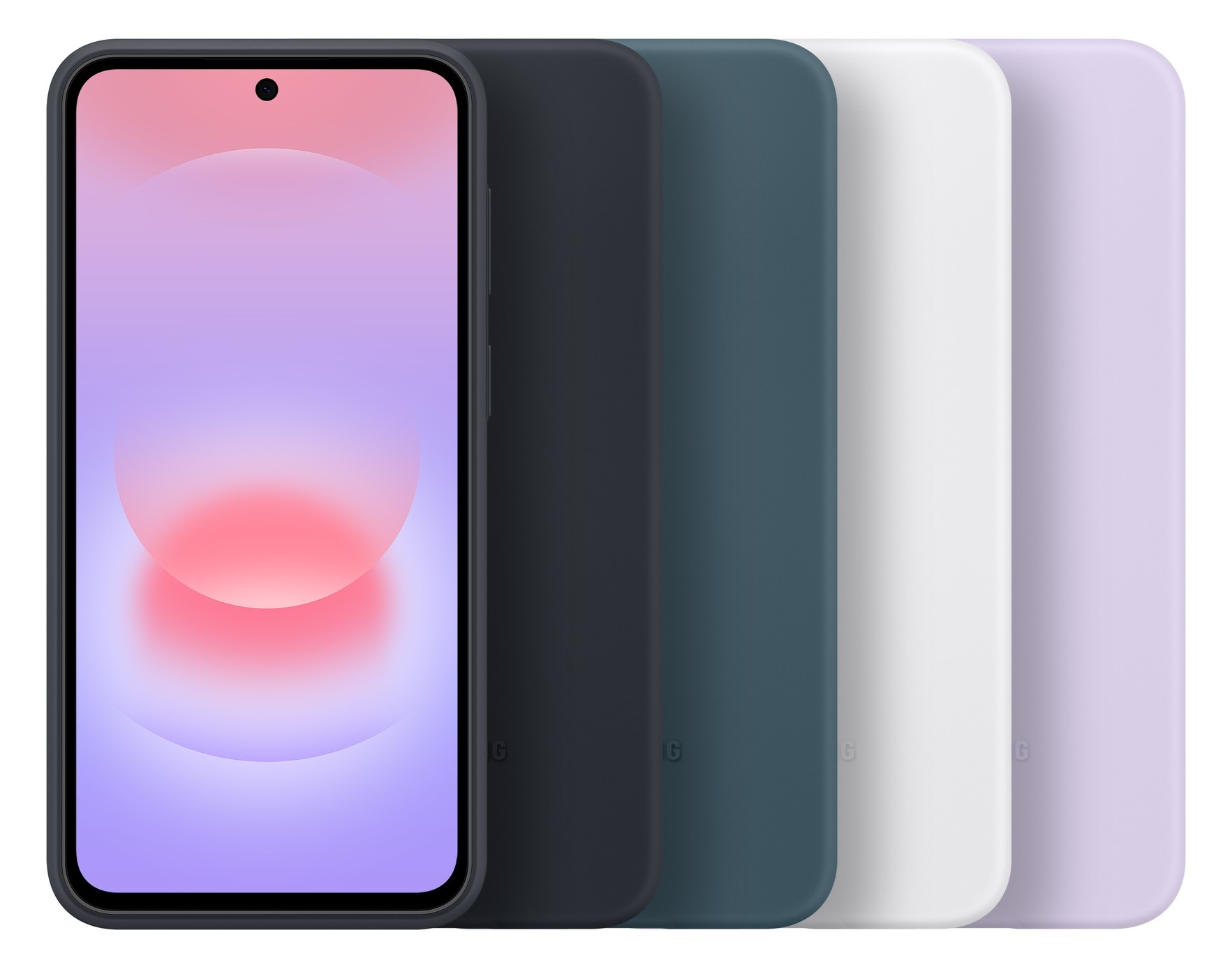 Smartfon z ekranem gradientowym, obok cztery kolorowe etui na telefon.