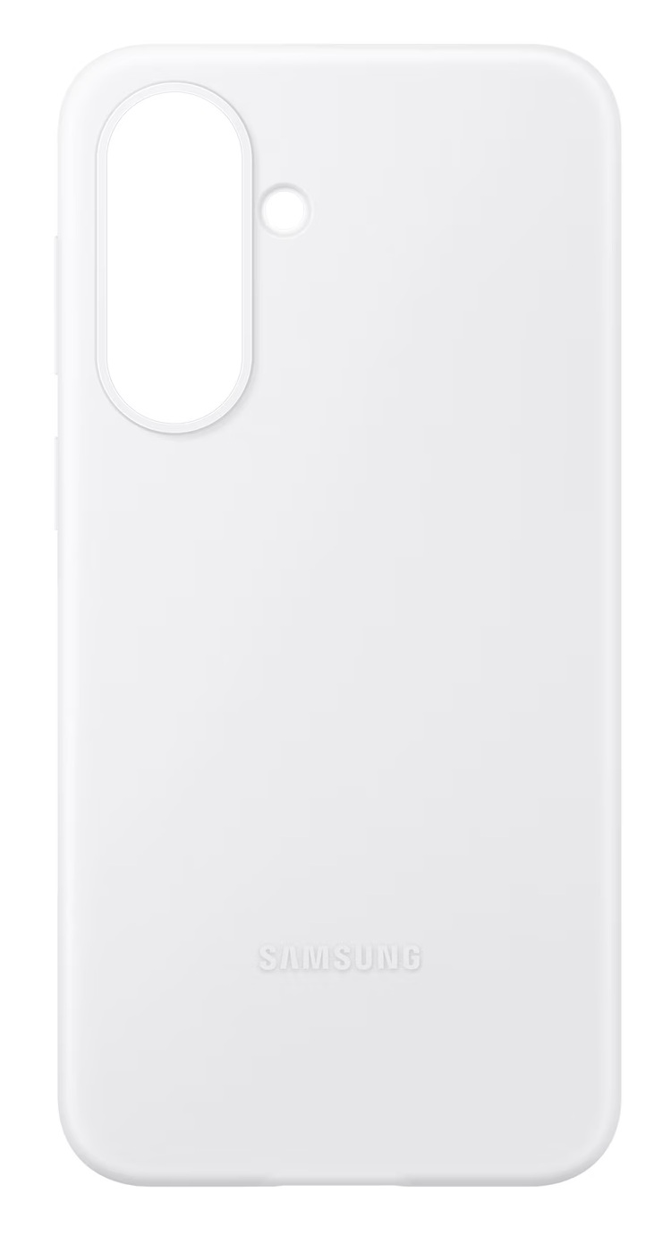 Białe etui na telefon z wycięciem na aparat i logo Samsung.