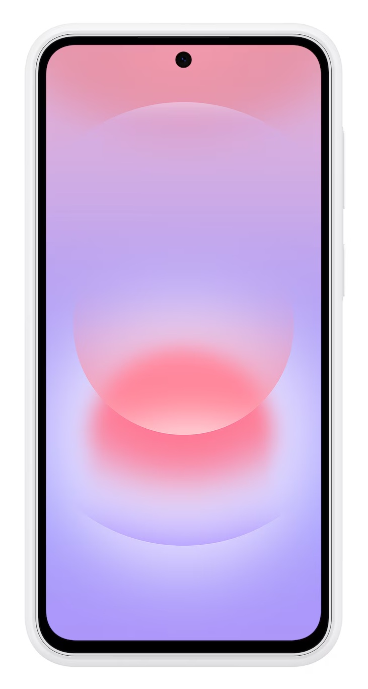 Smartfon z białą ramką i fioletowo-różową tapetą z gradientem.