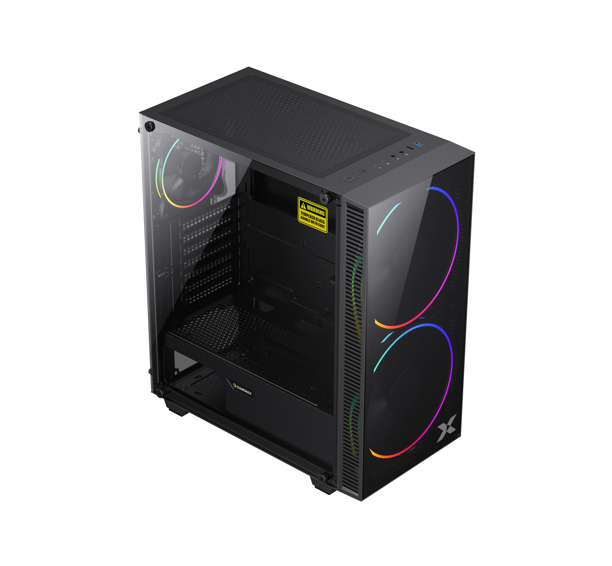 Temperli cam yan panel ve RGB aydınlatmalı siyah bilgisayar kasası. Uyarı etiketi içerir.