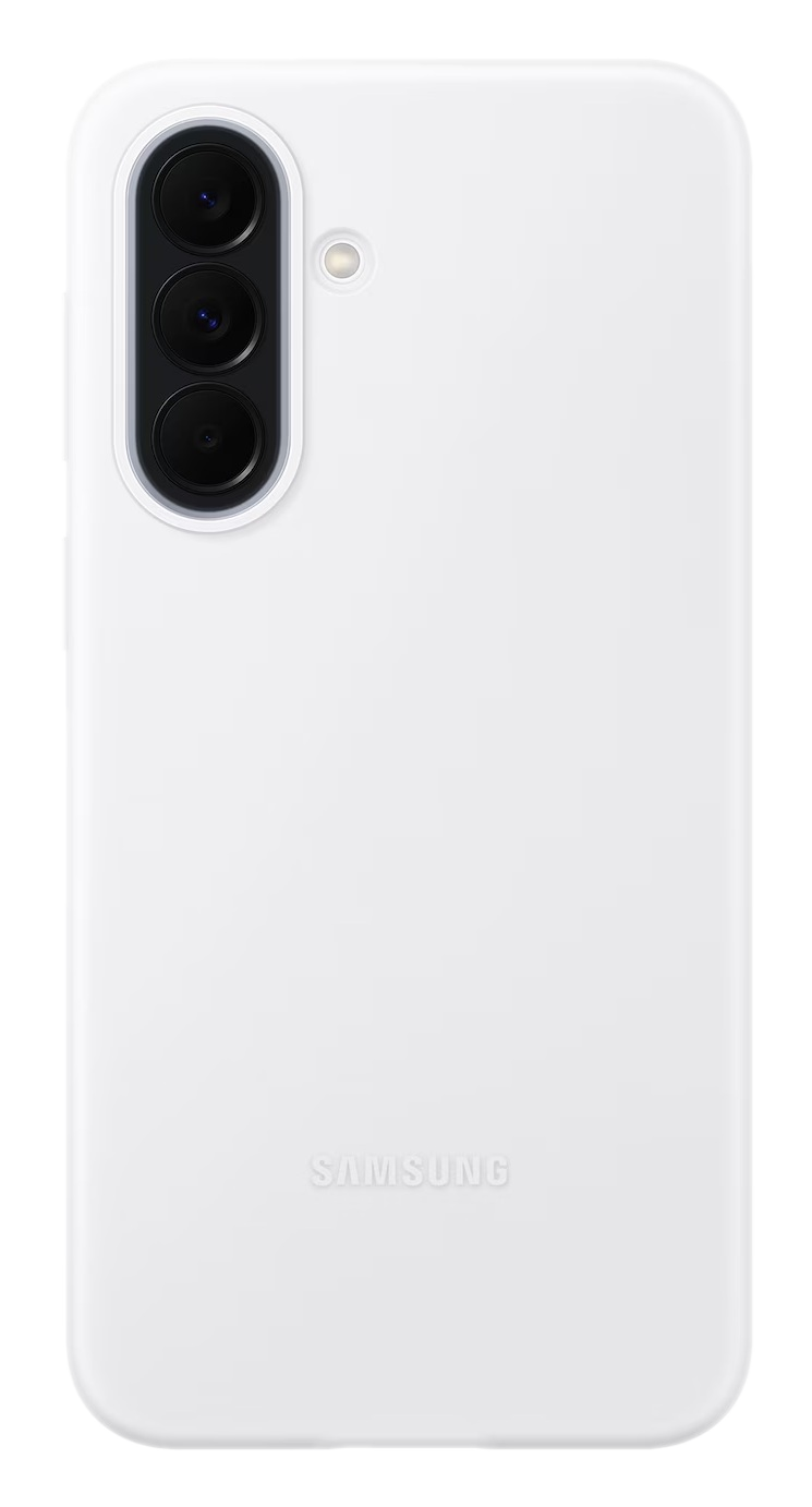 Biały telefon Samsung z trzema aparatami i lampą błyskową.